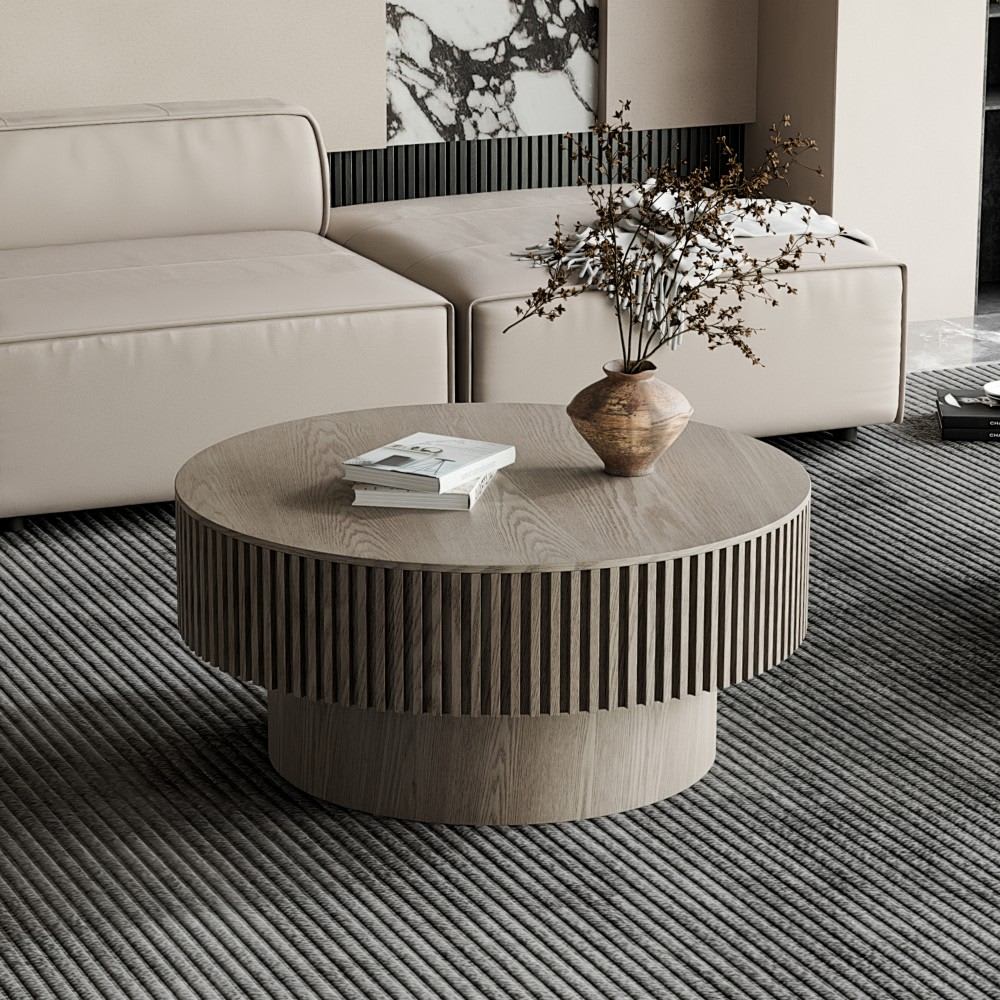 Coolbibila TOM-COFFEE-GRAY Gray Wood Round Coffee Table with Solid Wood Veneer and Hidden Storage Living Room Accent Table