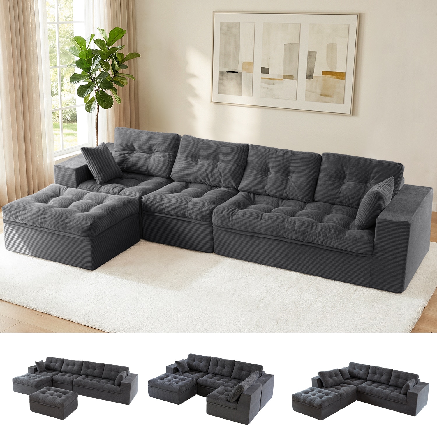 MAXYOYO 132-in L Shaped Modular Sectional Sofa Corduroy Cloud Boneless Sofa Couch