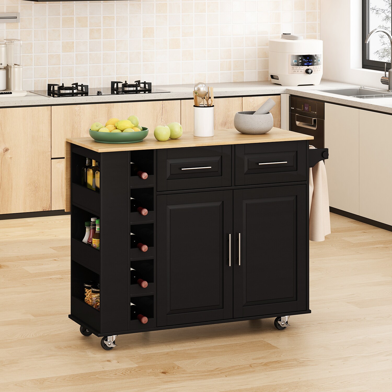 Bybafun Black Mdf Base with Wood Top Rolling Kitchen Cart (29.9-in x 46.5-in x 35.8-in)