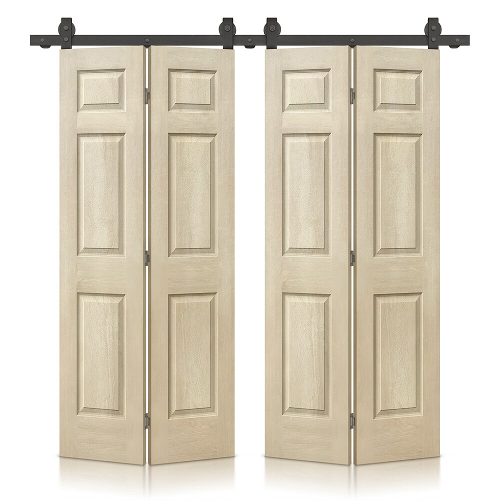 CALHOME 1300-4T+6P24-DWSC(2 48-in x 80-in Vintage Cream MDF Hollow core Double Barn Door (Hardware Included)