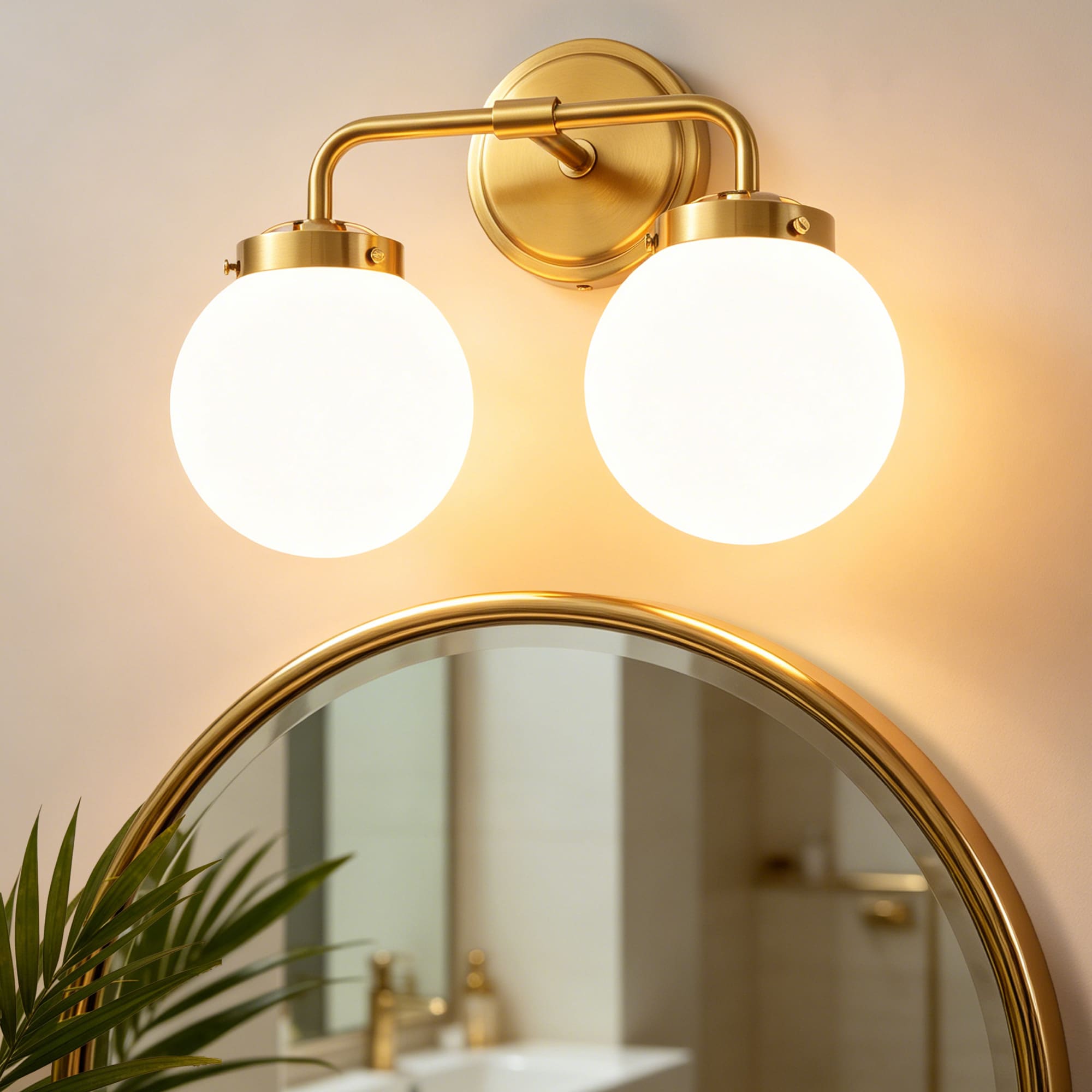Lanmate -  2 Light Gold Bathroom Vanity Light Fixture with Milky White Frosted Glass Globe Shades...