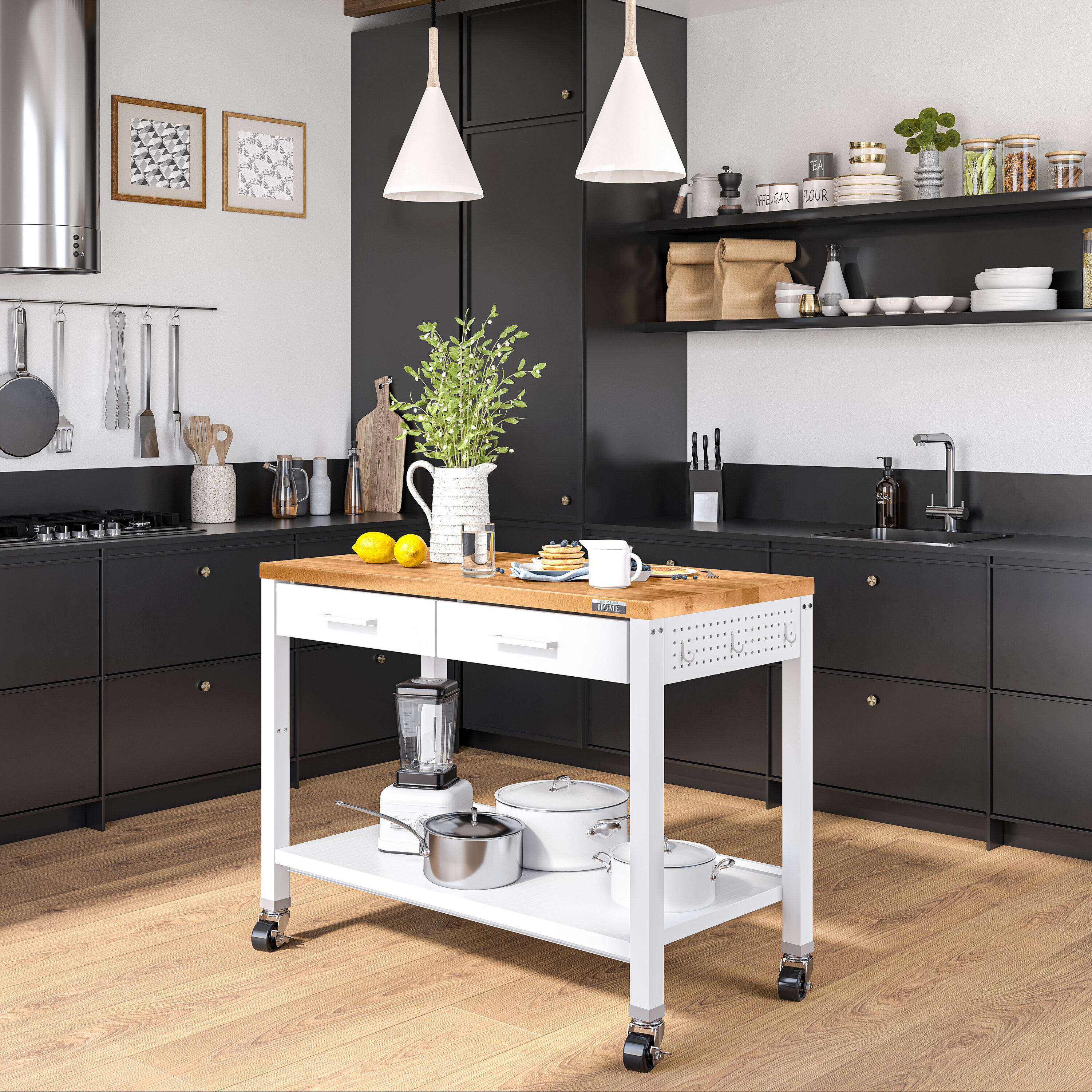 White Steel Work Center Kitchen Island with Wood Top