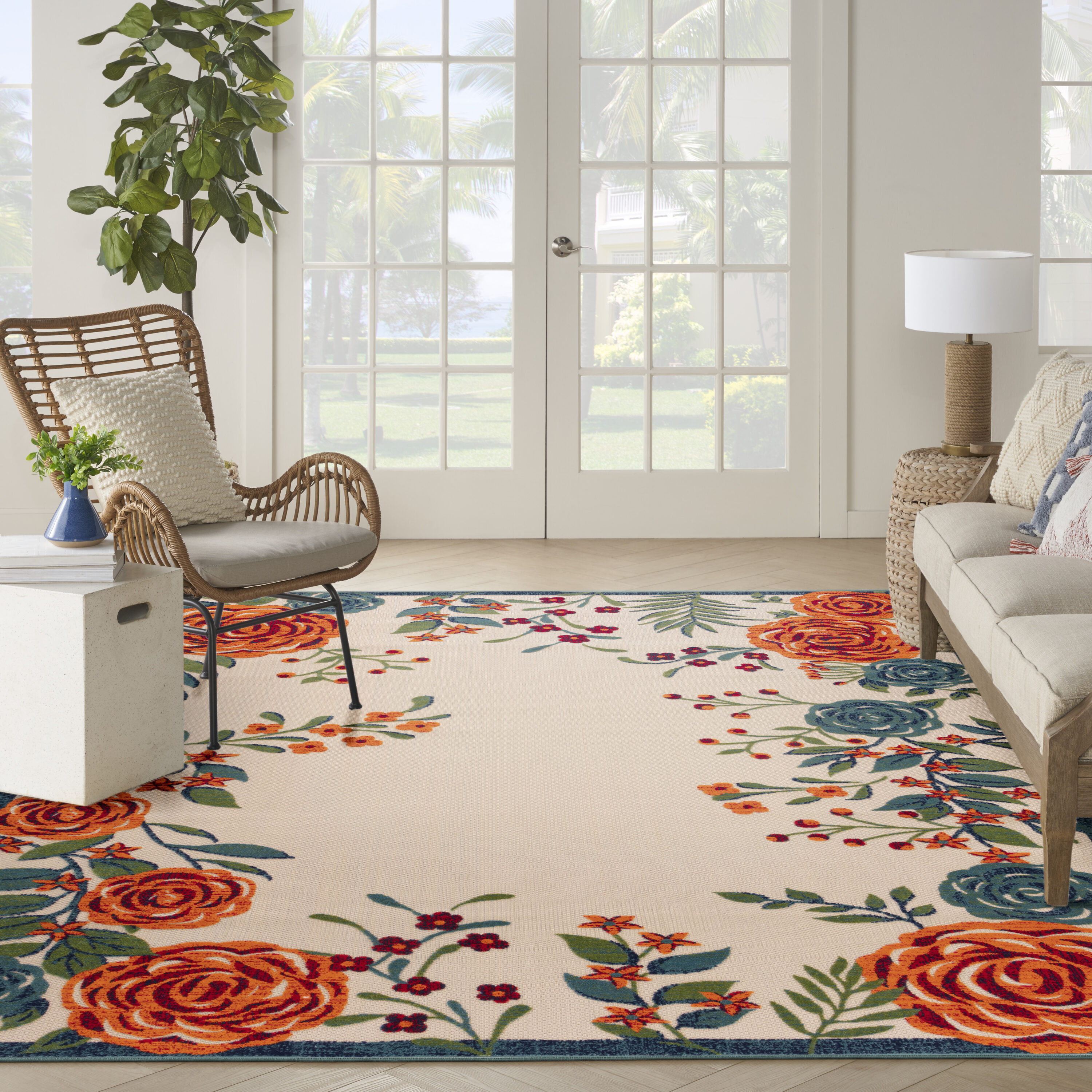 Nourison Home 099446952622 10 x 14 (ft) Loomed Polypropylene Ivory Multicolor Rectangular Indoor/Outdoor Floral/Botanical Farmhouse/Cottage Area rug