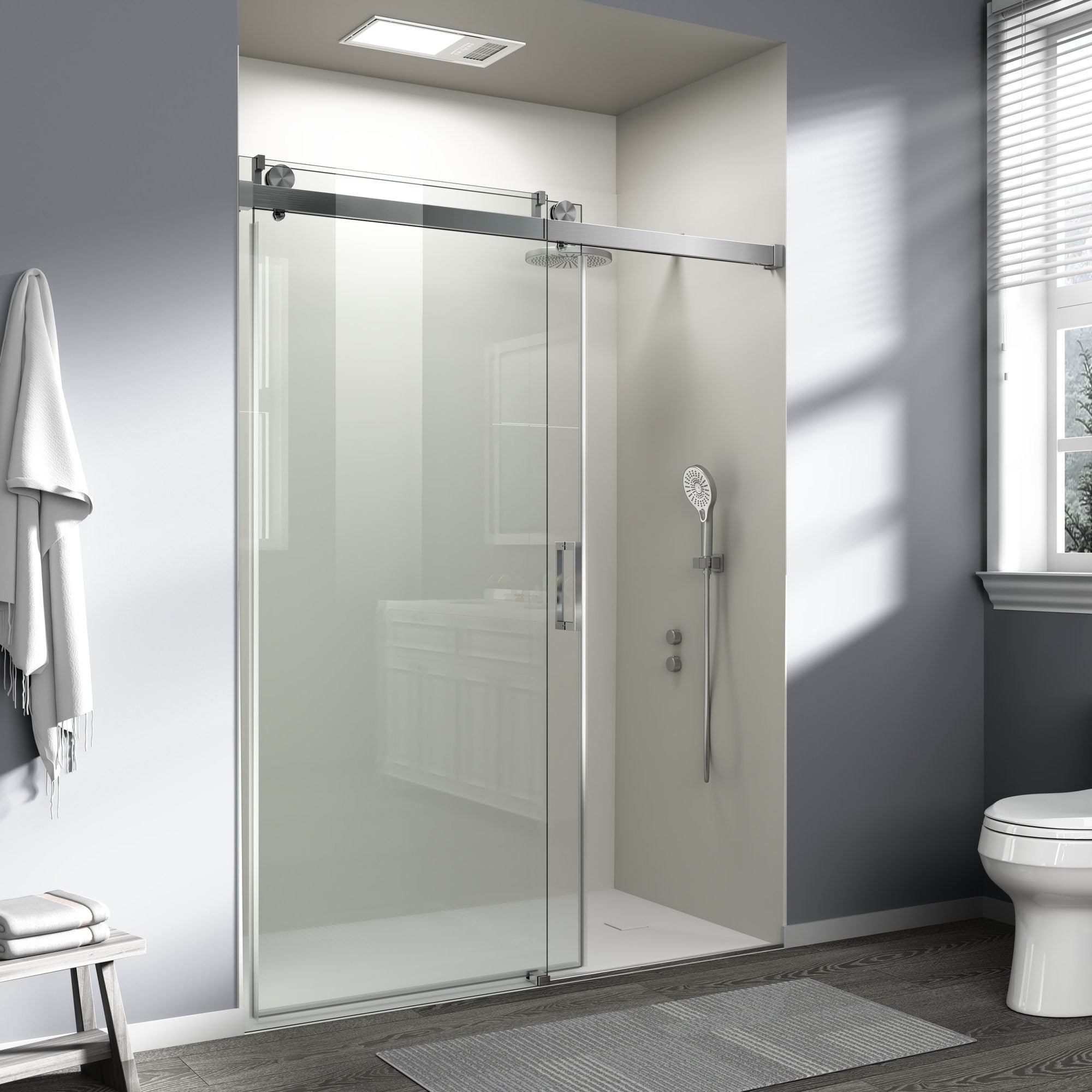 Misopily 56 to 60 inch width x 76 inch height frameless single sliding shower door soft closing 6mm tempered glass explosion proof brushed nickel #LMS0317S88