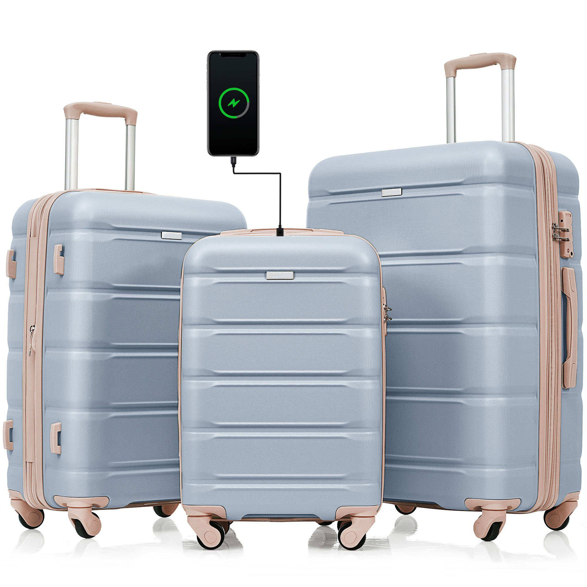 Bybafun YD9600033 25.5x18.1x11.6IN Light Blue Plastic Hardshell Suitcase set 3 -Bag