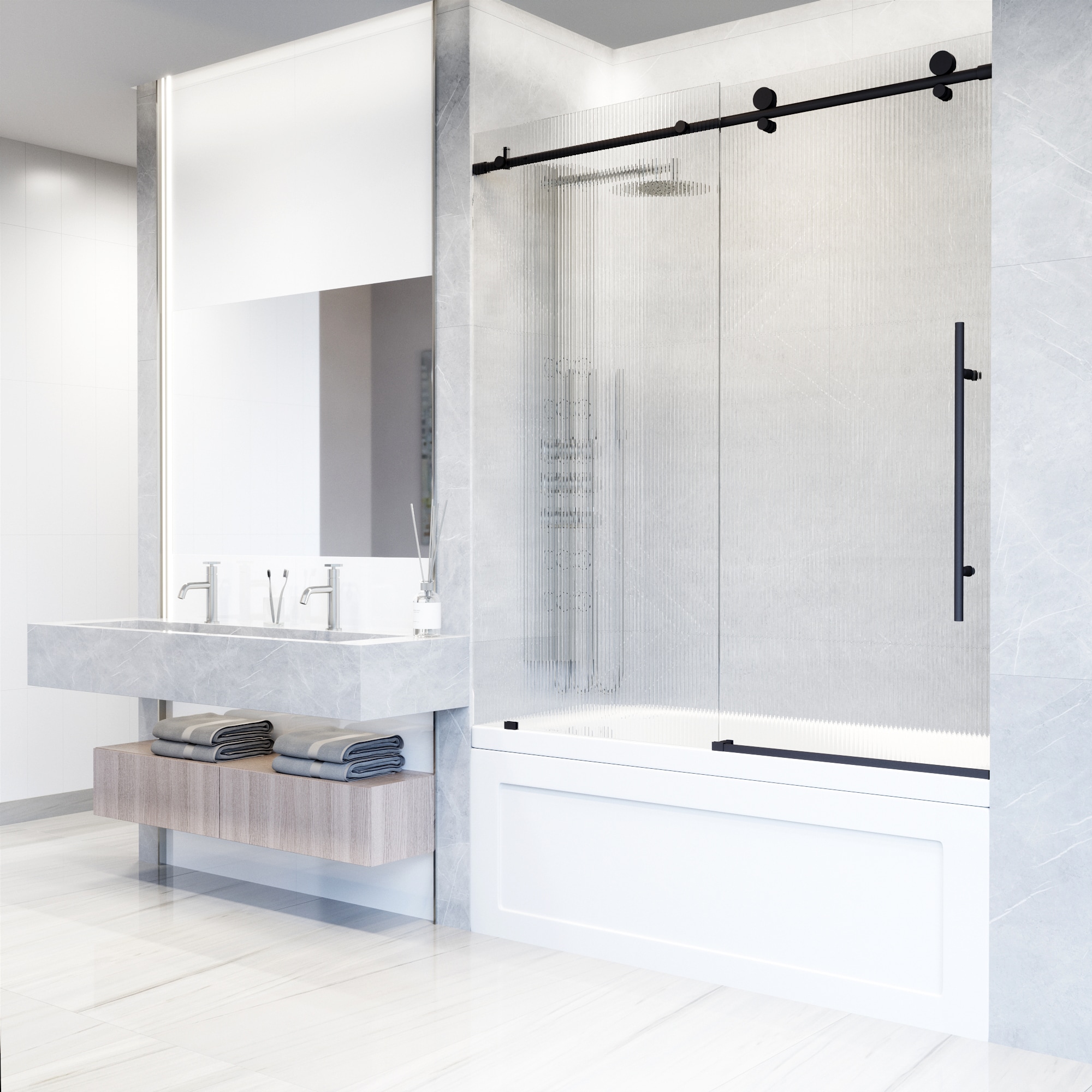 Elan E-Class 60" Matte Black Frameless Sliding Tub Door with Fluted Glass