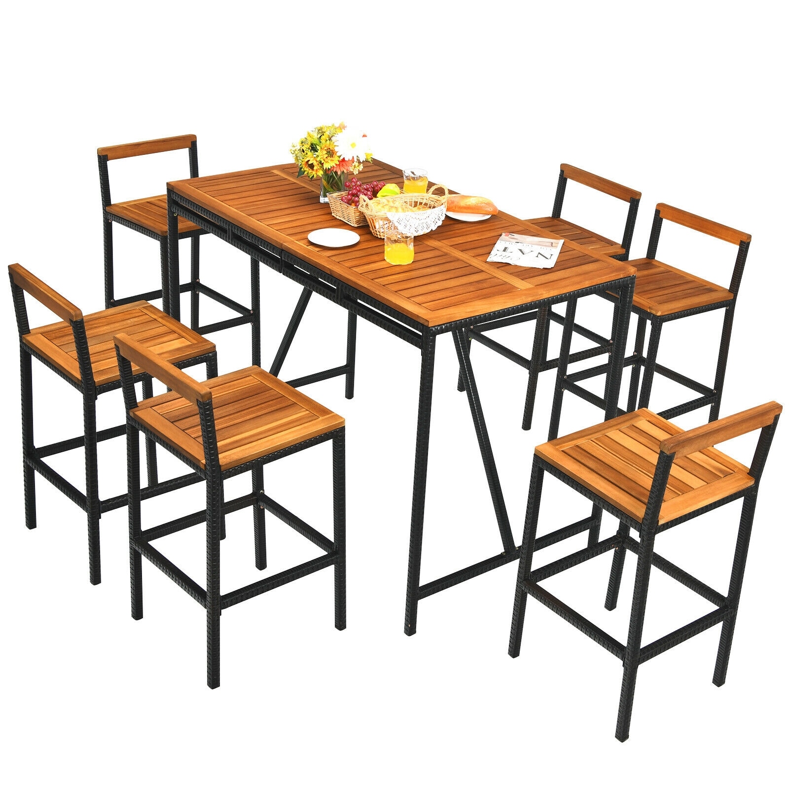 Volenca 7-Piece Acacia Wood and PE Rattan Patio Bar Set with Umbrella Hole and 6 Stools 350-lb Stool