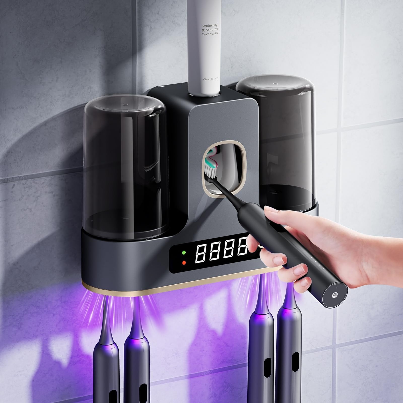 Phyfalip  Toothbrush Holder with Air Drying LED Countdown Screen Wall Mounted Toothpaste Dispenser 2 Cups 4 Slots Space Saving Bathroom Organizer