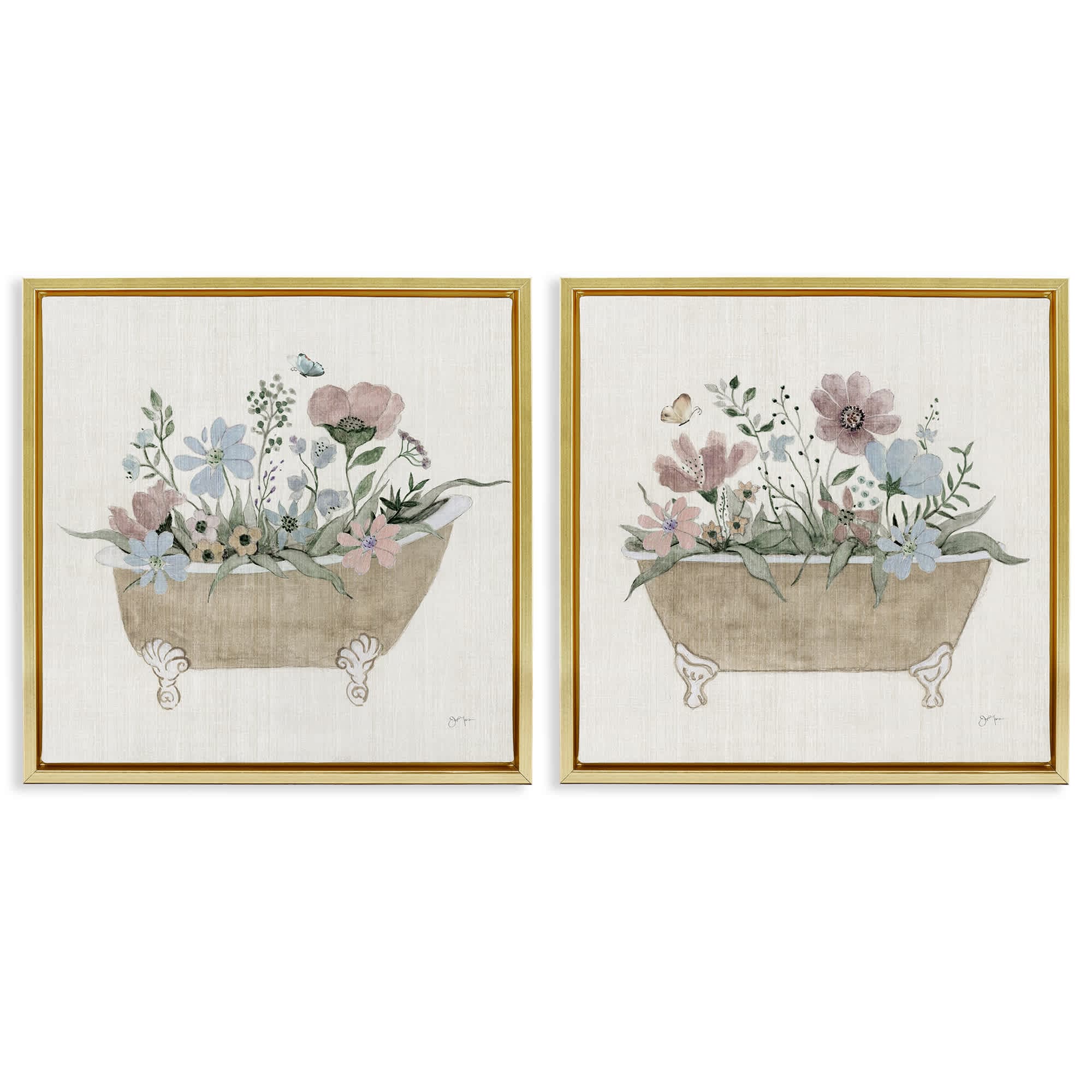 Stupell Industries B2-726-FFG-2PC-17X17 Rustic Florals in Bathtubs 2 Piece Gold Framed Floater Canvas Set By Tava Studios 18 x 18