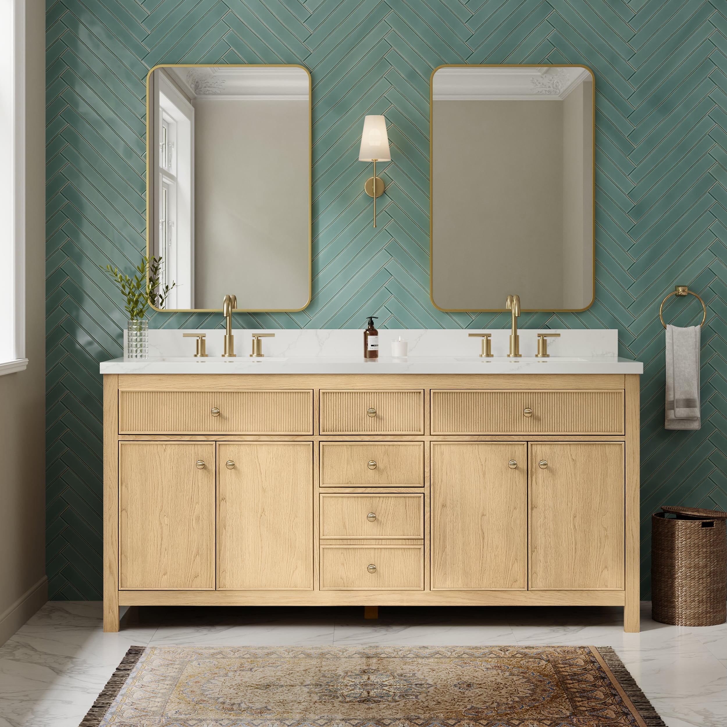 Wyndham Collection Rian 72 Inch Double Bathroom Vanity in Scandinavian Oak, Giotto Quartz Countertop, Undermount Square Sinks (3-Hole), Satin Bronze Trim