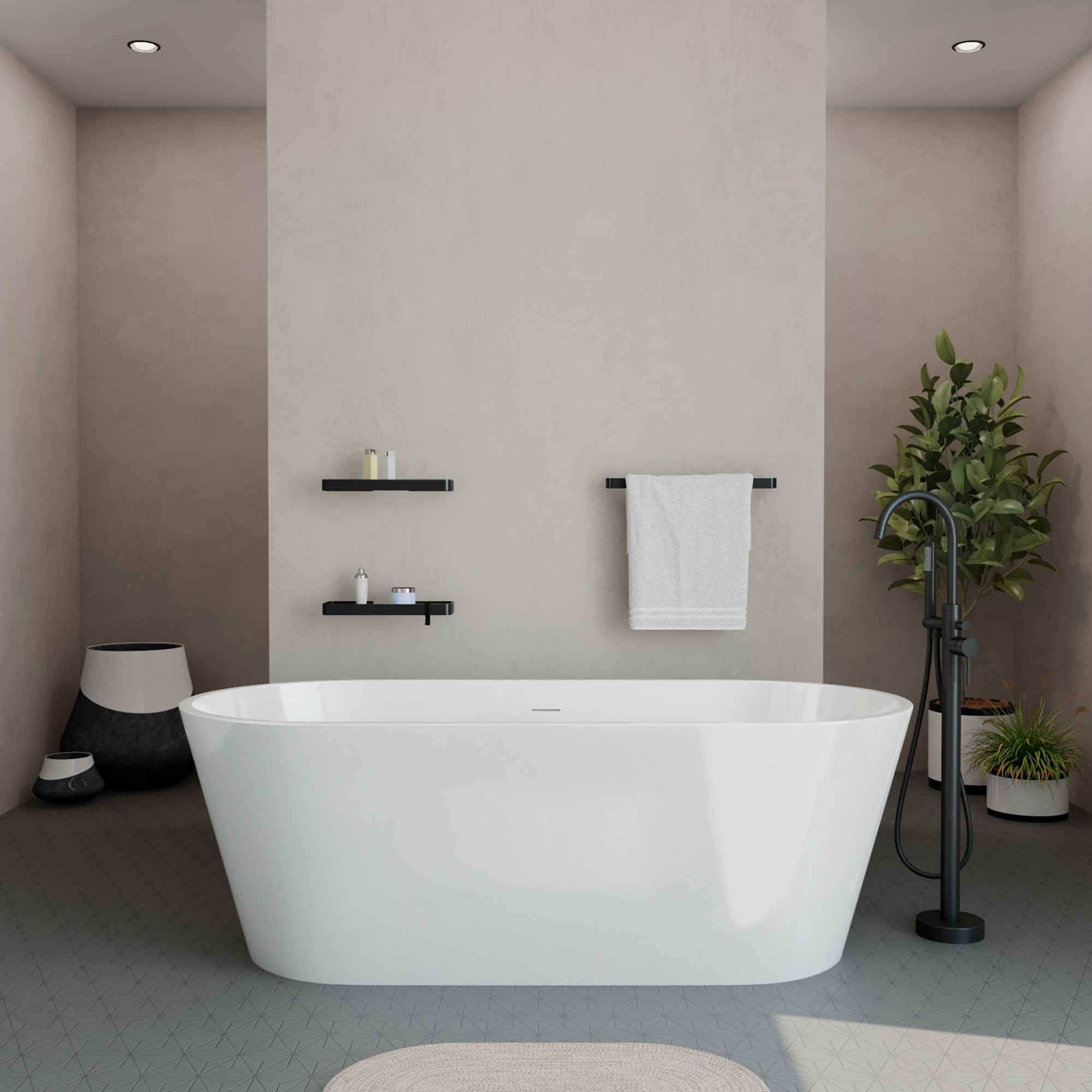 MAAX 107529-000-001-105 Calinda 30.625-in x 66.75-in Matte Black Acrylic Round Freestanding Soaking bathtub with Faucet Hand Shower with Drain ( Center Drain )
