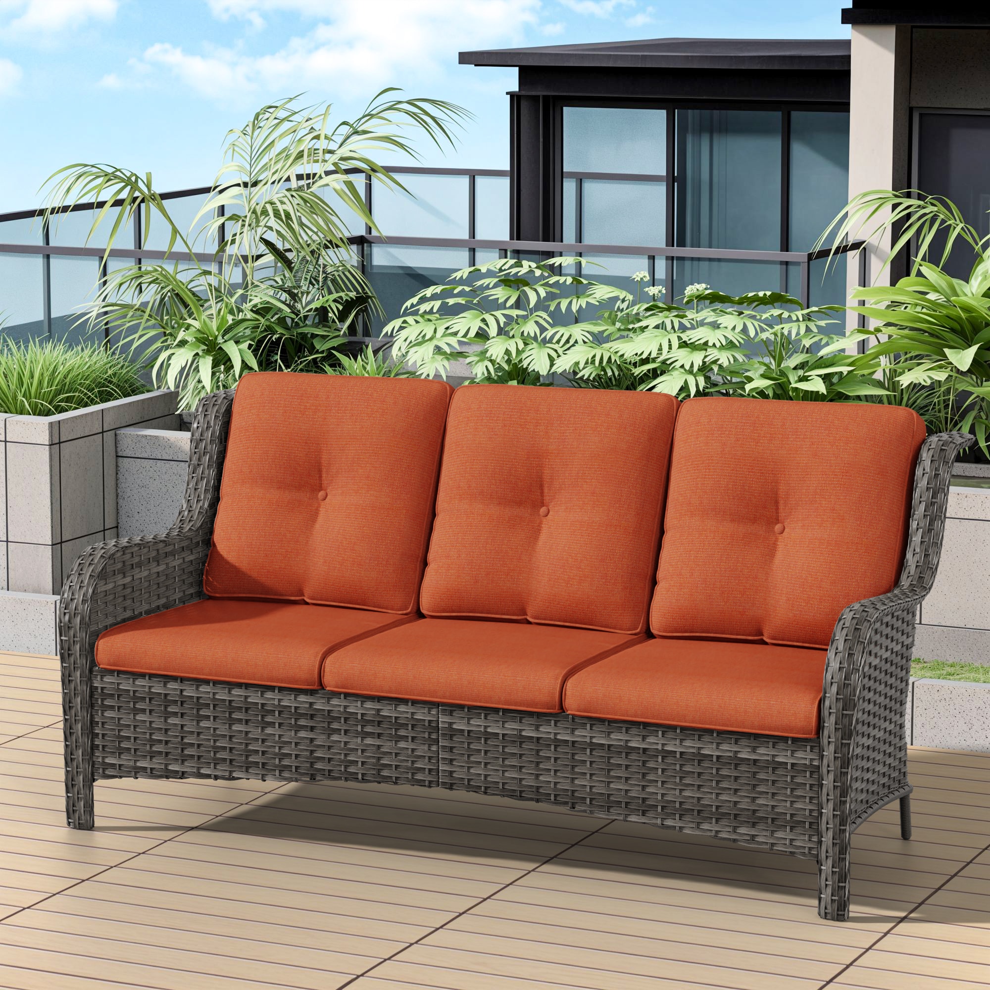 Gardenbee HGL-M75-ORG Wicker Furniture Wicker Outdoor Sofa with Orange Cushions and Steel Frame
