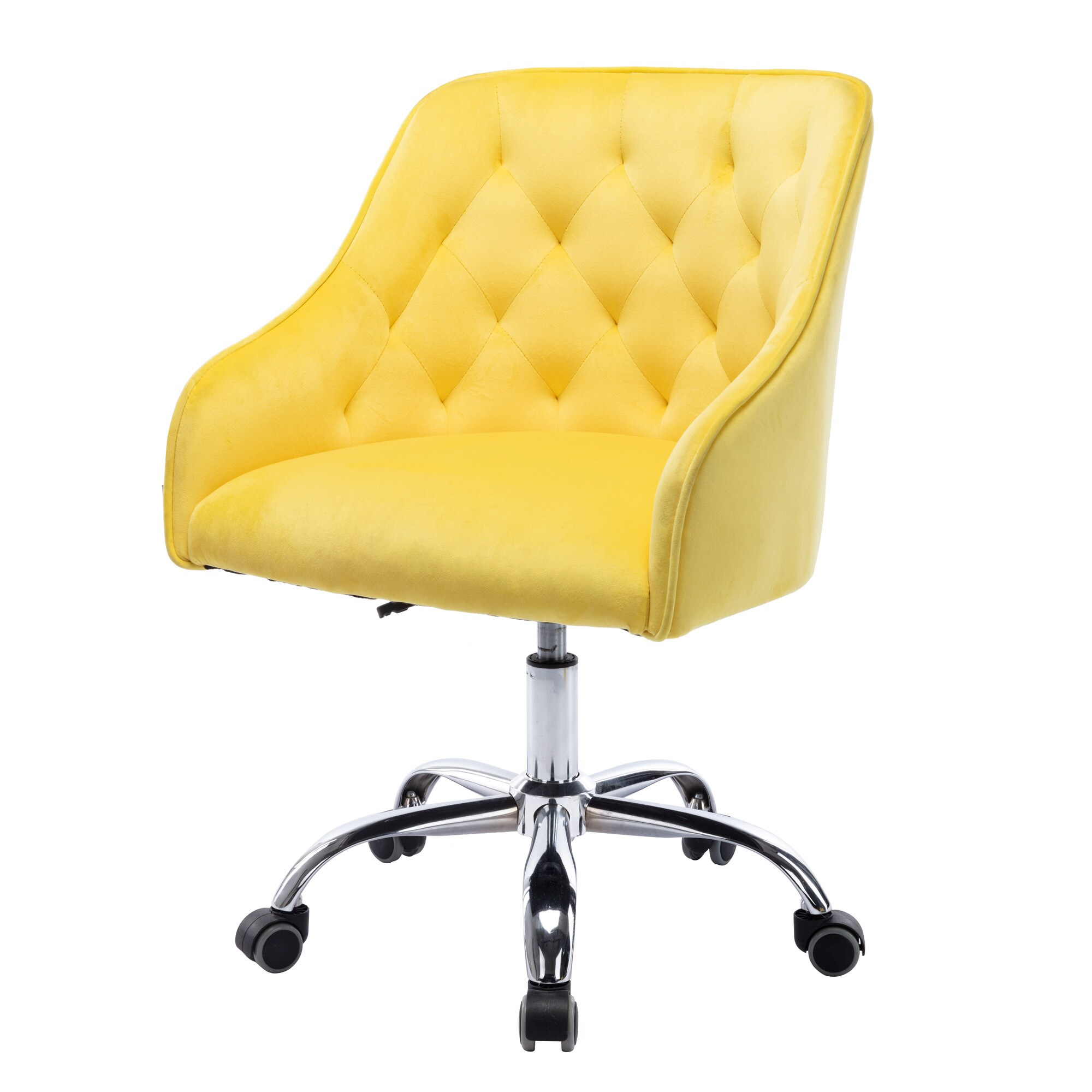 Modern Velvet Fabric Office Chair, Height Adjustable 360 Swivel with Gold Metal Legs and Wheels, Yellow