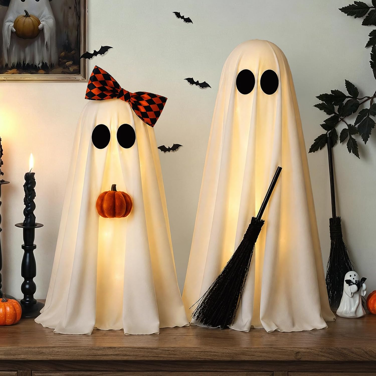 ZHANYIGY Halloween Decorations Indoor 2 Pack Lighted Ghost Decor with Broom Pumpkin Warm LED Glow Charming Handmade Look Cozy Farmhouse Accent for Mantel Shelf Table Entryway Room Kitchen Home Party Supply