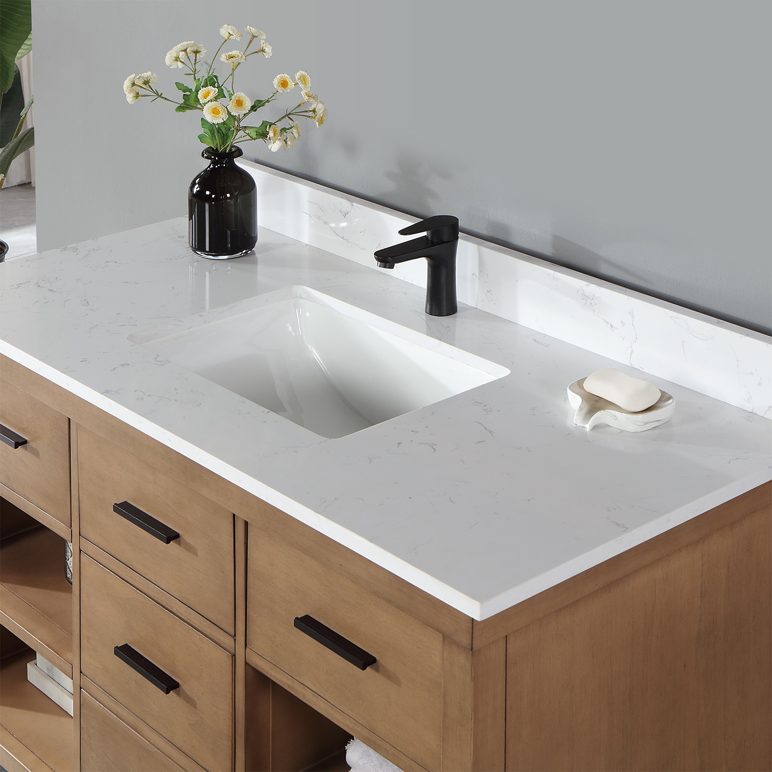 Kesia 48" Brown Pine Single Bathroom Vanity with White Stone Countertop