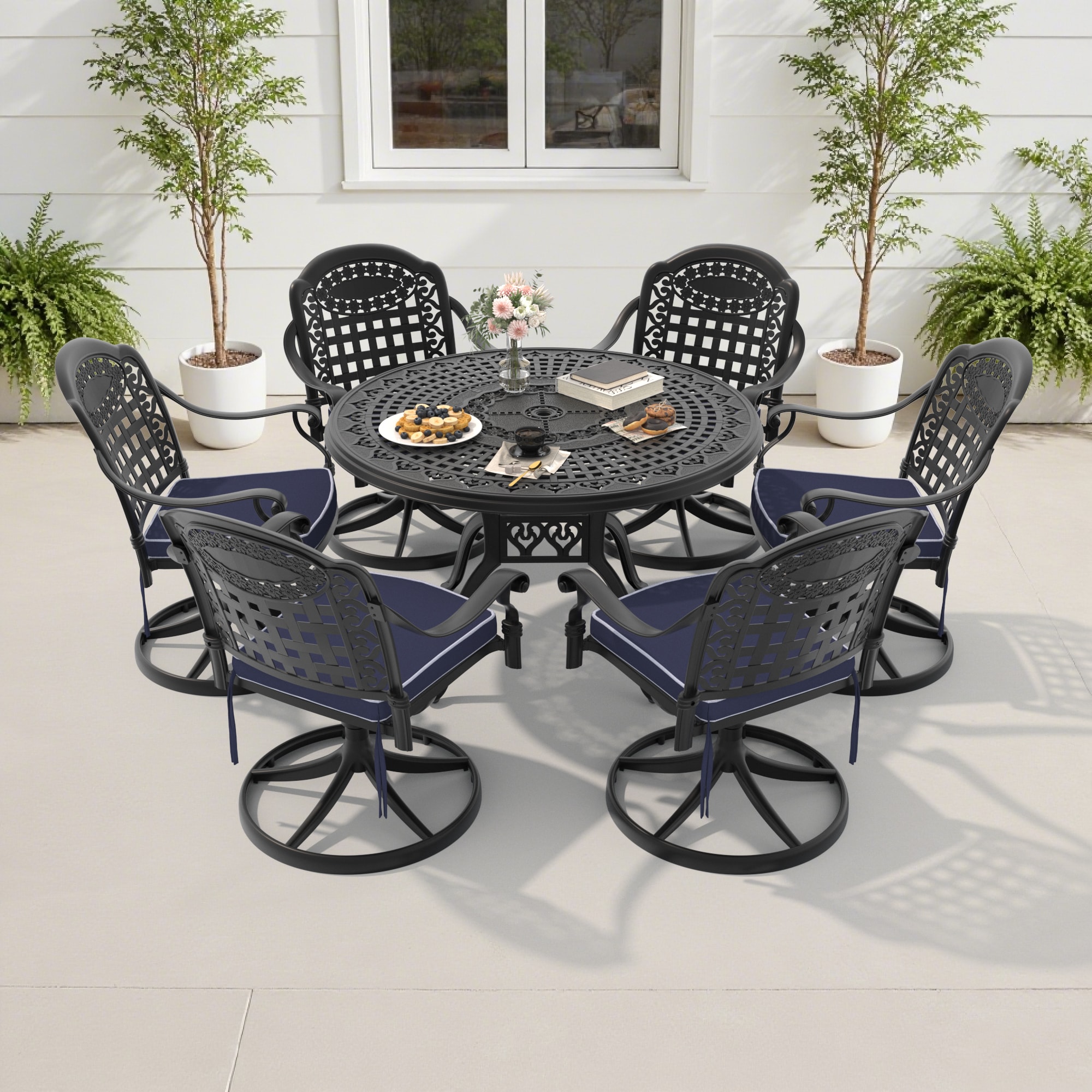 nicesure SLBK6012SC6A1114 7 -Piece Black Patio Dining Set Aluminum Round Table with 6 Cushions Swivel Rocker Chairs