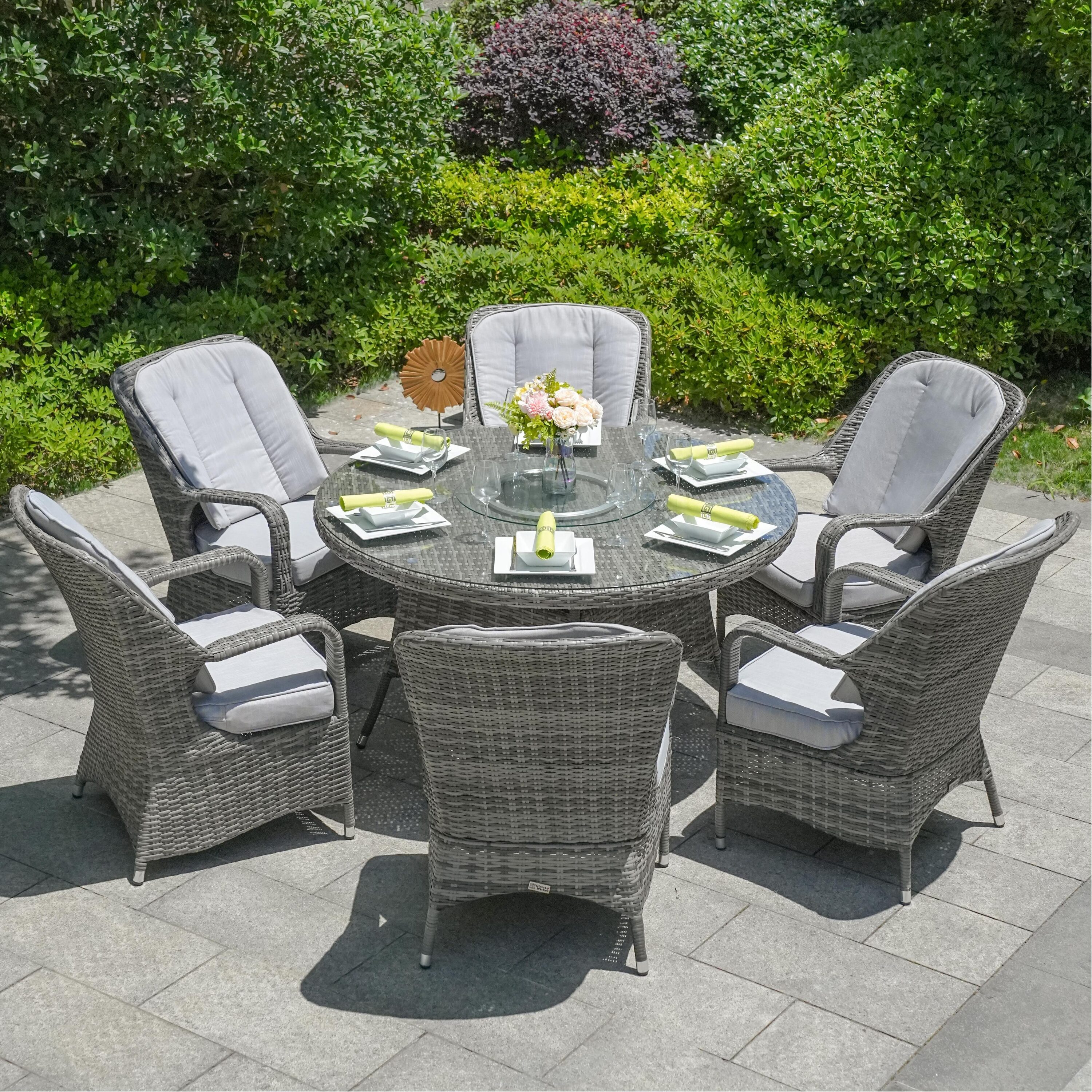 Direct Wicker DWD-1711-GRAY Geo 7 -Piece Gray Wicker Patio Dining Set Wicker Round Table with 6 Gray Cushions Stationary Chairs