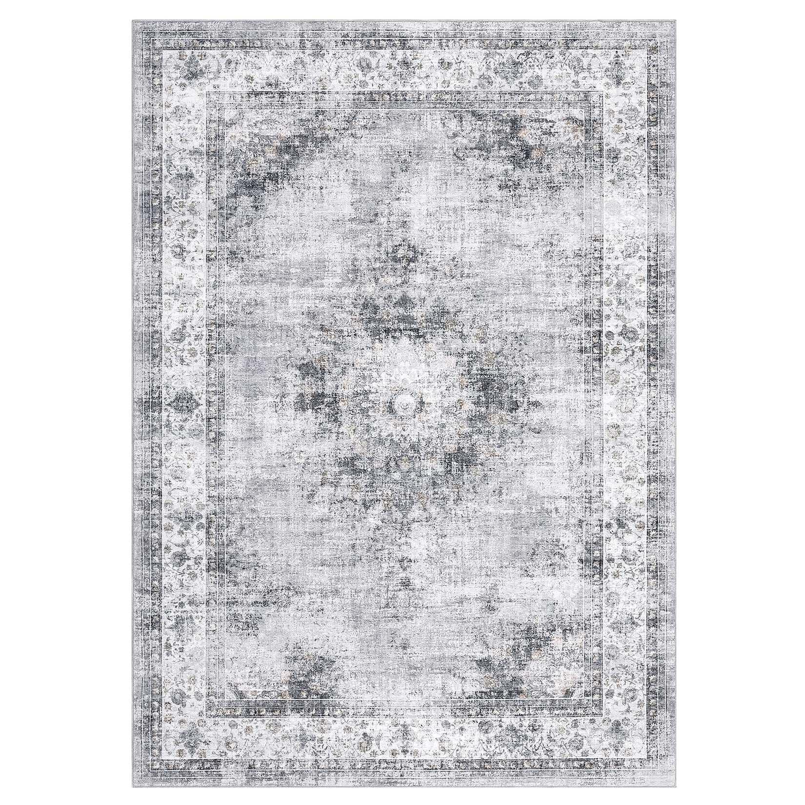 Qeetex SUNNY-PHO-33BFYL7X 5 x 7 ft Polyester Grey Rectangular Living Room Bedroom Dining Room Floral Medallion Vintage Machine Washable Area Rug