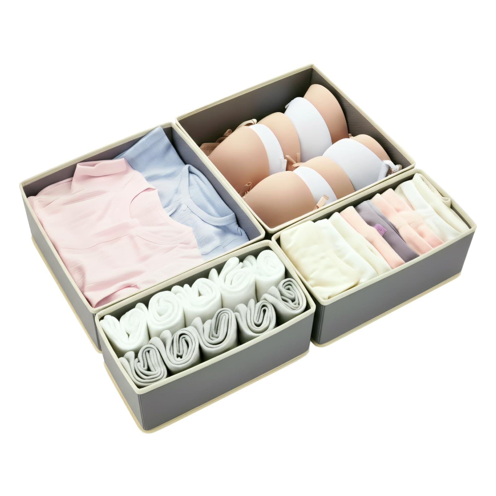 KIWDZFU  Drawer Organizer Set 4 Pack Foldable Fabric Storage Bins with Zipper Bottom for Underwear Socks Bras Baby Clothes Light Grey