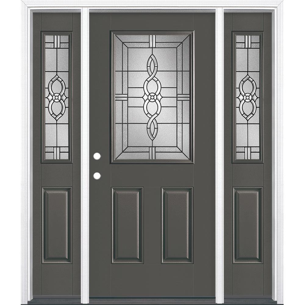 Masonite 997653 Calista 64-in x 80-in Fiberglass Half Lite Right-Hand Inswing Timber Gray Painted Single Front Door with Sidelights with Brickmould Insulating Core