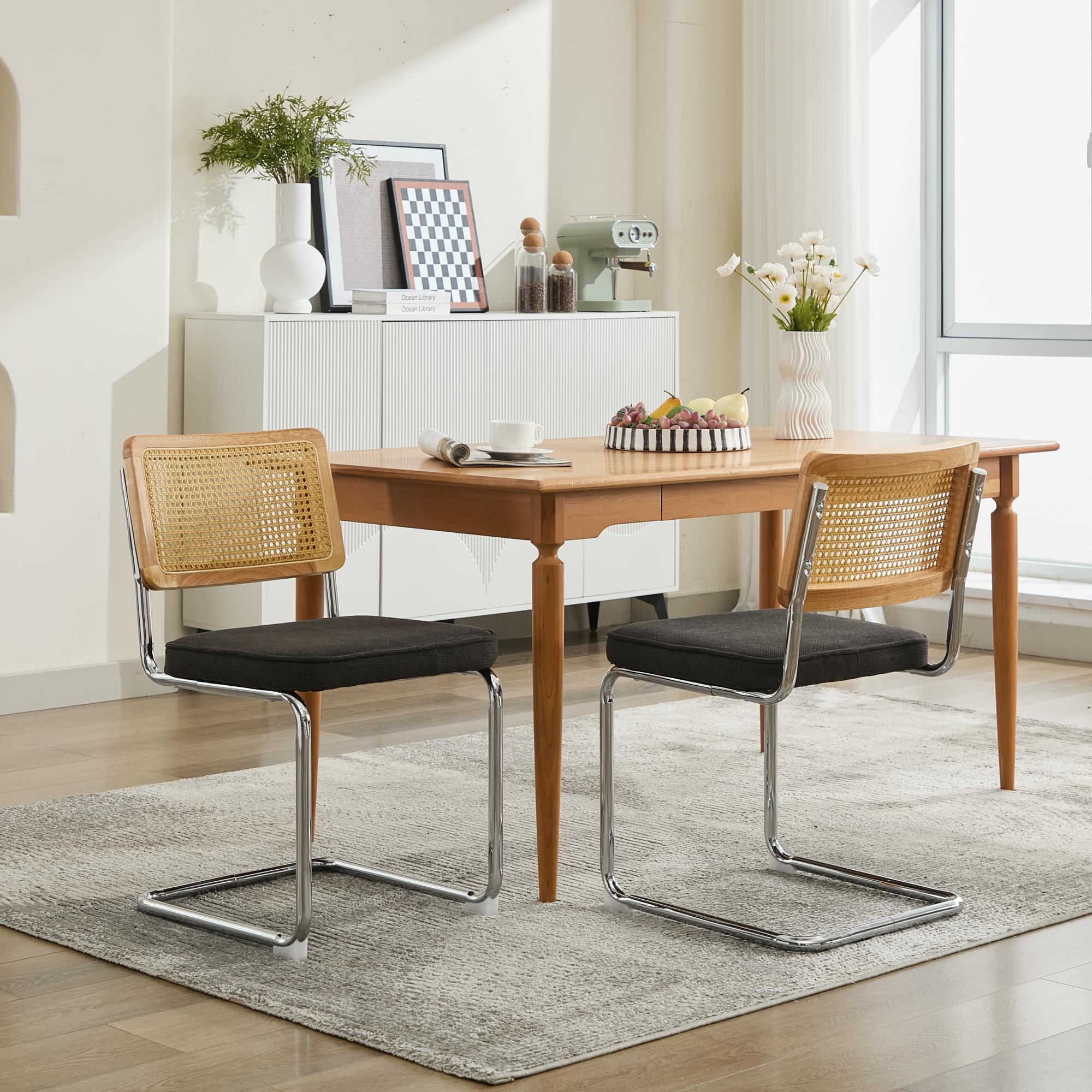 GDFStudio Set of 2 Aymard Mid Century Modern Dining Chairs Velvet Accent Chairs with Natural Cane Back and Stainless Chrome Base Famous Breuer Designed Chairs Upholstered Rattan Kitchen Chairs Black color