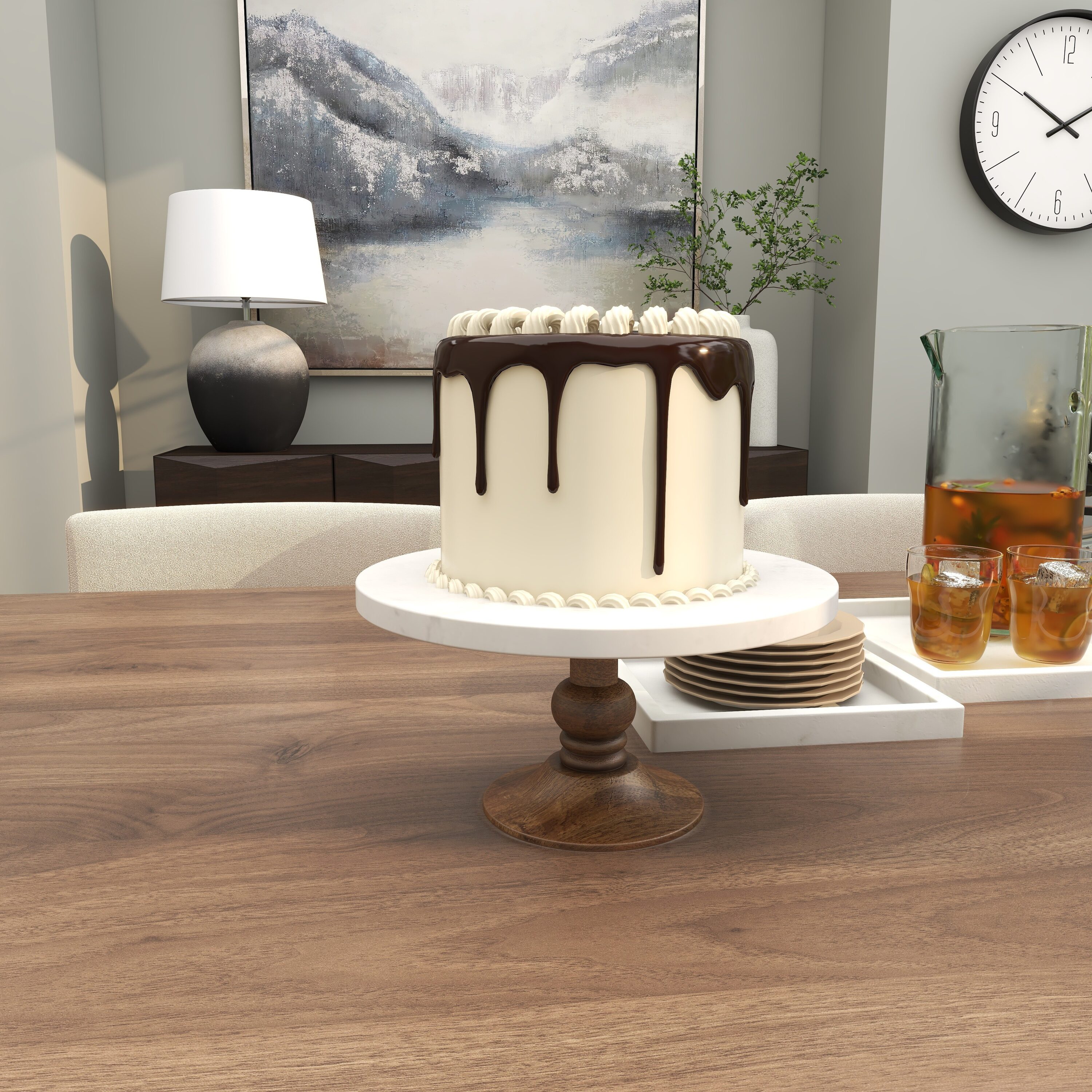 White Marble and Brown Wood Cake Stand, 10" x 5"