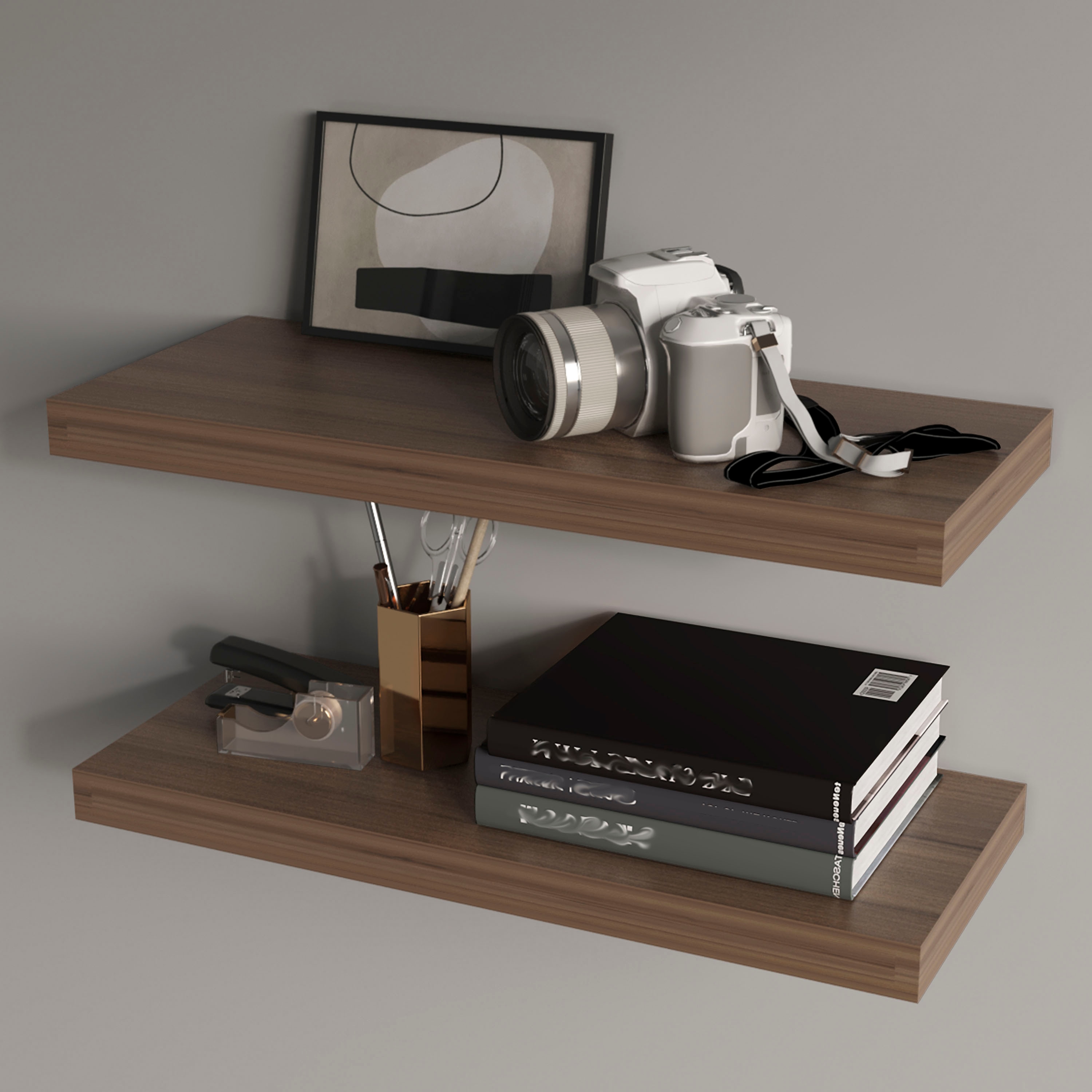 Wooakway FM FURNITURE Iva Floating shelf in melamine x2 Natural Walnut