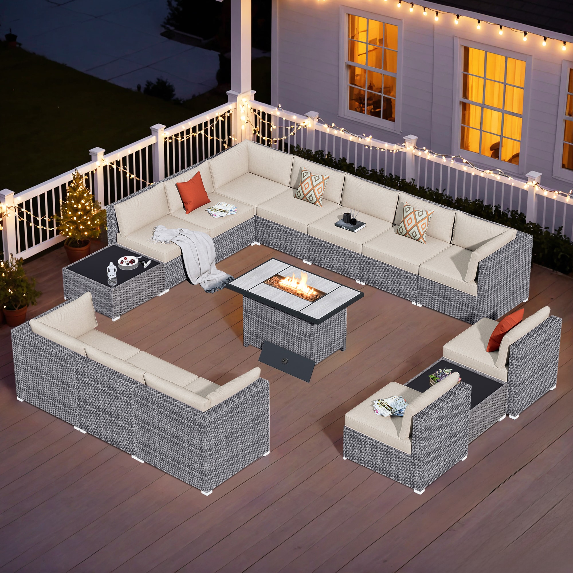 Pouuin SRFPHOP6014 15 -Piece Wicker 2 Patio Sofa Conversation Set with Beige Cushions