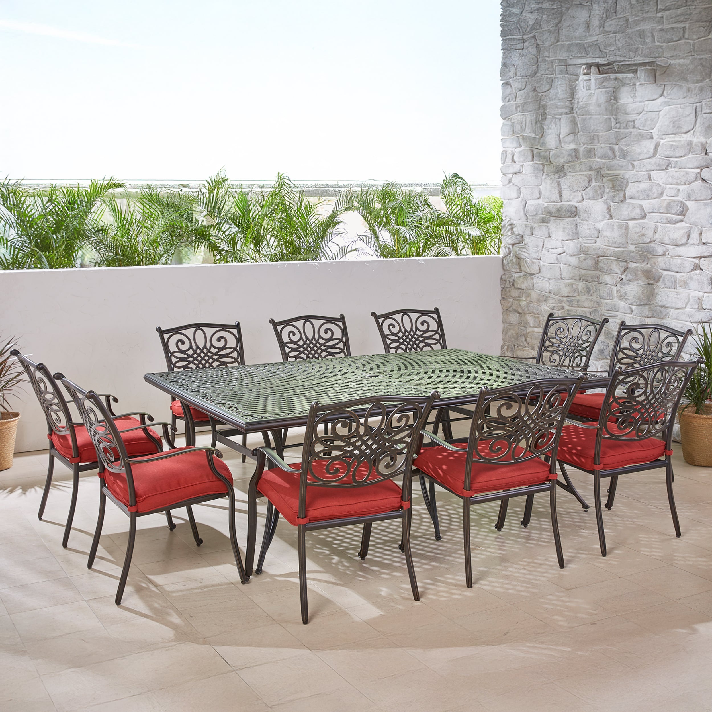 Hanover TRADDN11PC-RED Traditions 11 -Piece Bronze Patio Dining Set Aluminum Rectangle Table with 10 Red Cushions Stationary Chairs