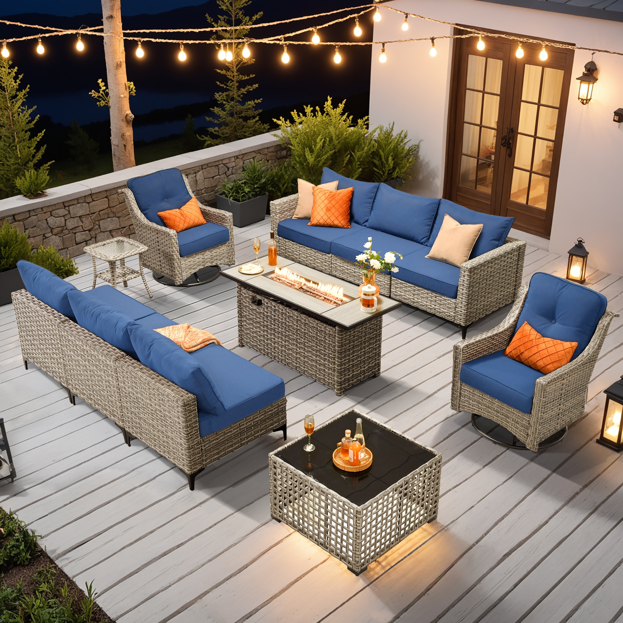 Ovios RFP504-SK70YP 11 -Piece Rattan Patio Conversation Set with Navy Cushions