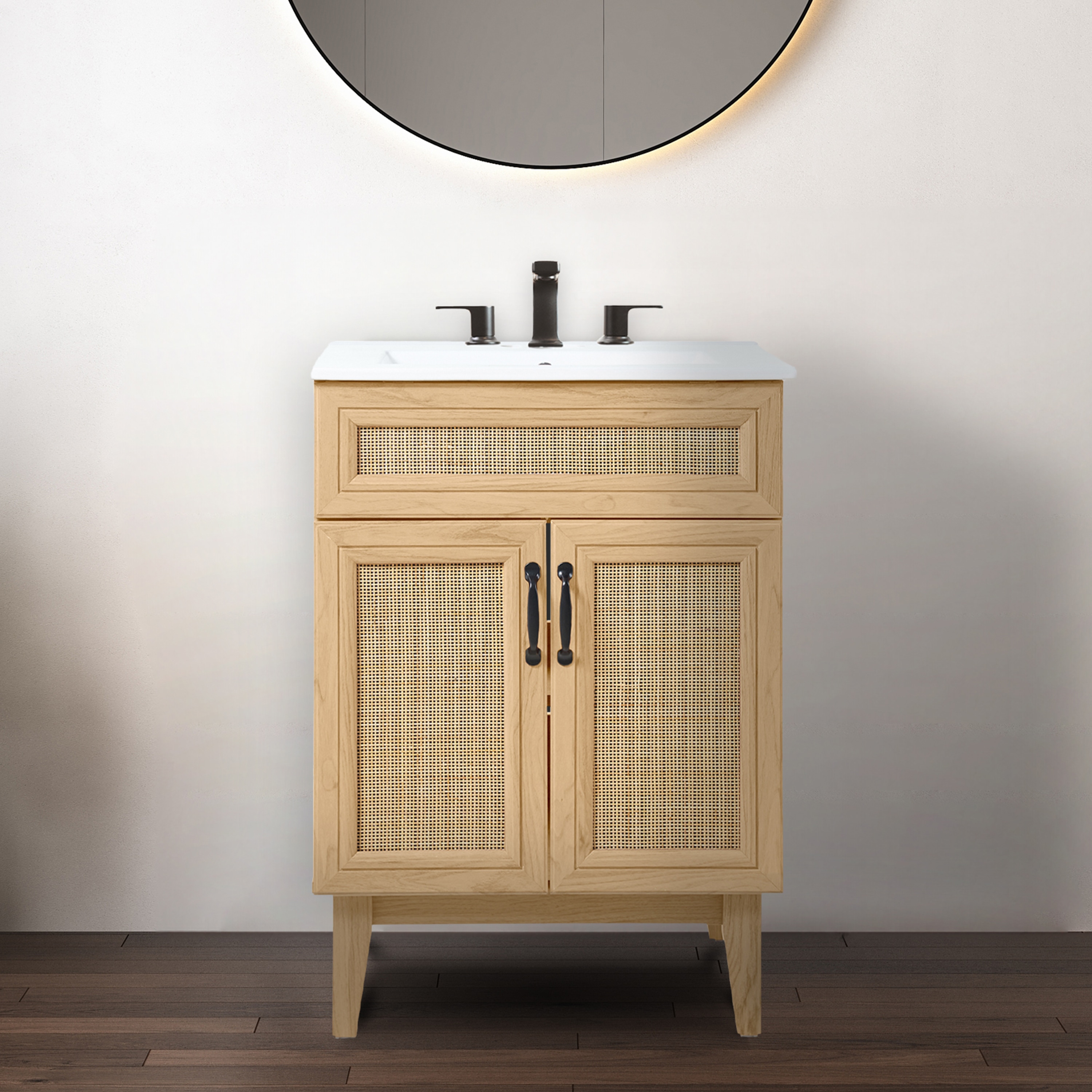 JONATHAN  Y VAN1009A Javer Rattan Modern Farmhouse 24-in Oak Bathroom Vanity Base Cabinet without Top