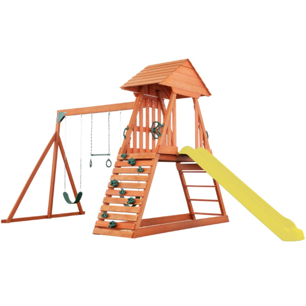 Creative Cedar Designs 3710 Cedar Chalet Swing Set Residential Wood Playset with 3 Swings and Slide Included