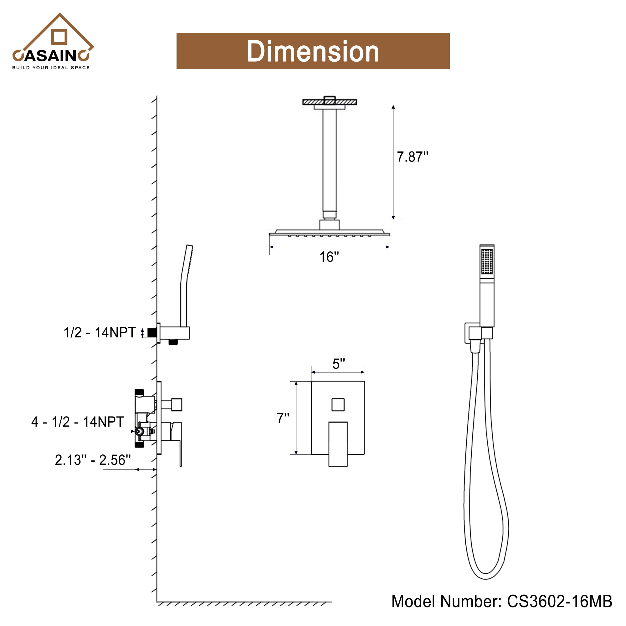 CASAINC CS3602-16MB Showerhead-Bar-Panels - View #2