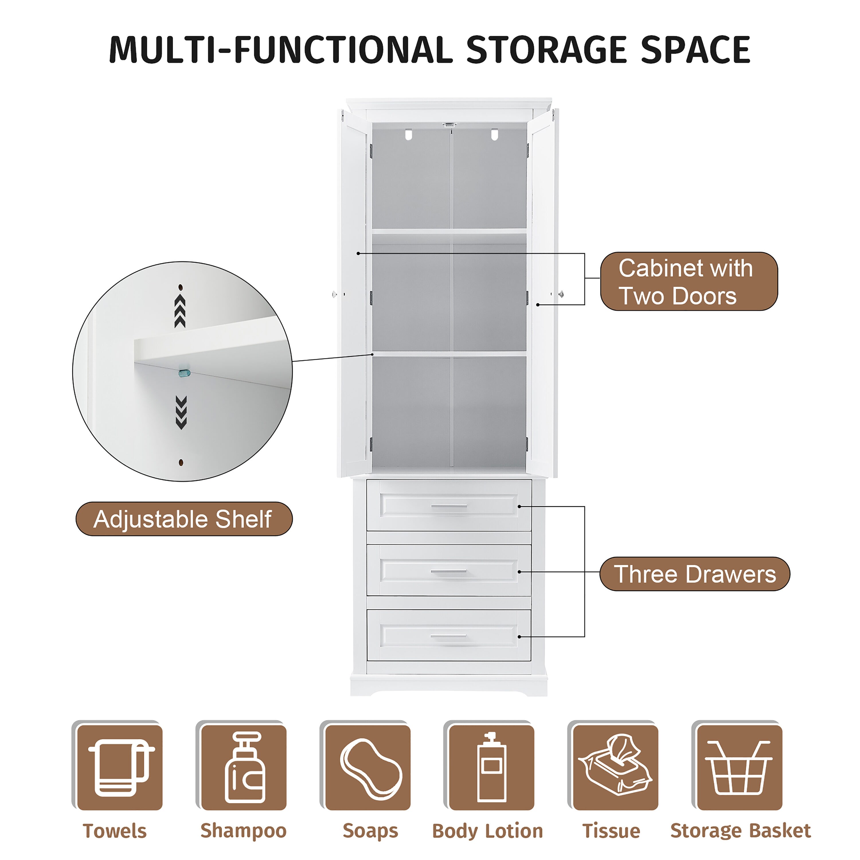 Multifunctional Tall Bathroom Corner Storage Cabinet With Two Doors,  Adjustable Shelves And Open Shelves, White - ModernLuxe