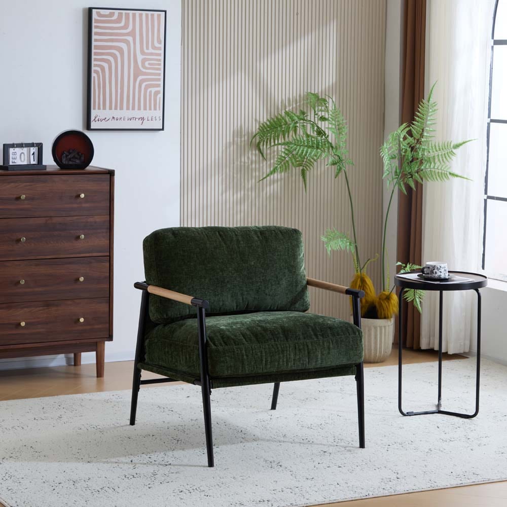 ModernLuxe 27.56inch Modern Accent Chair with Plush Cushions  Minimalist Metal Frame  and Wooden Armrest Design Perfect for Cozy Living Room  Bedroom  or Office Seating