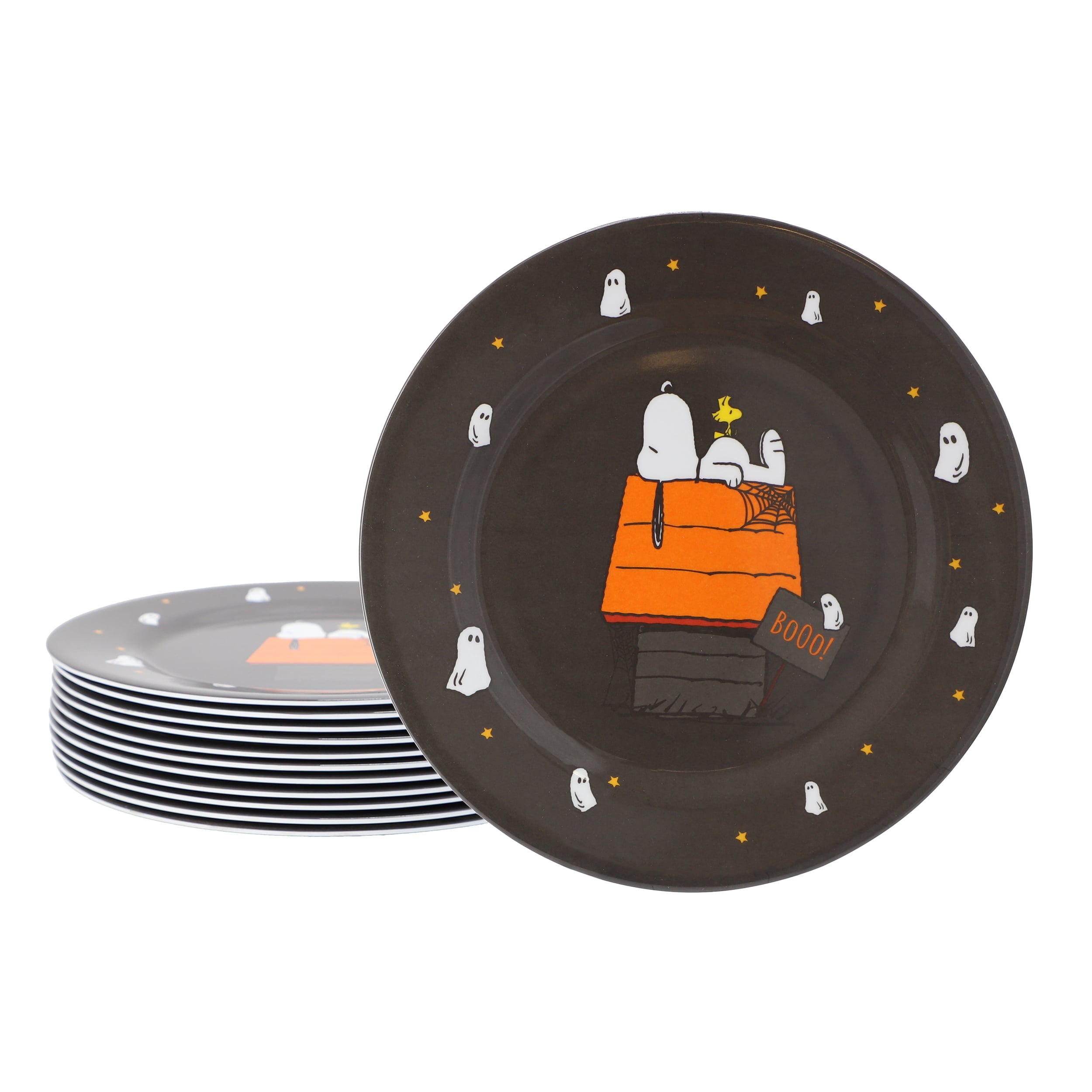Gibson Peanuts Snoopy Pumpkin 12 Piece Melamine 10.5 Inch Dinner Plate Set in Black