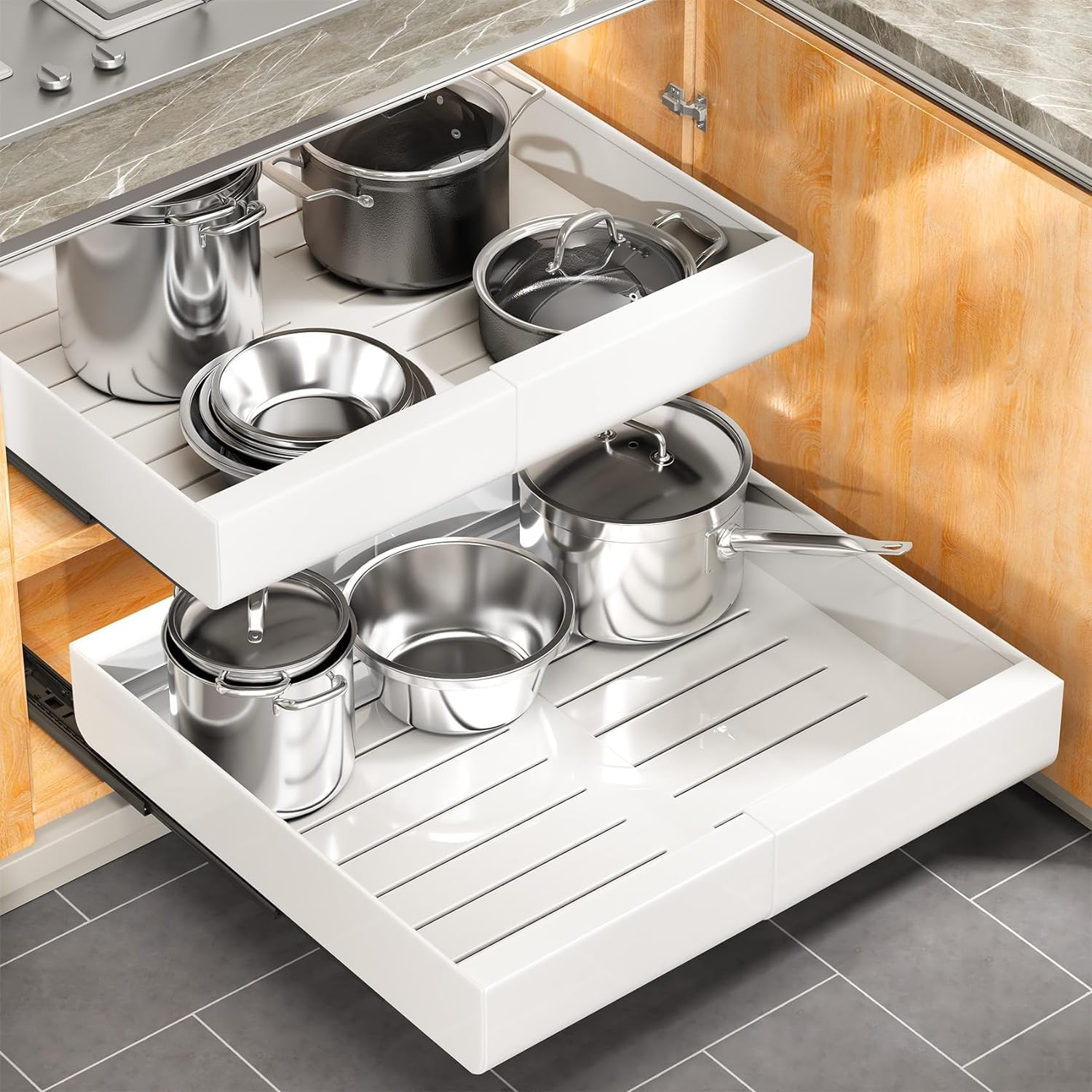 Afoxsos Expandable Pull Out Cabinet Organizer 1 Piece Adjustable 12 to 20 Inch Wide Heavy Duty Metal Slide Out Drawer for Frameless Kitchen Base Cabinets 21 Inch Deep 2.8 Inch High White