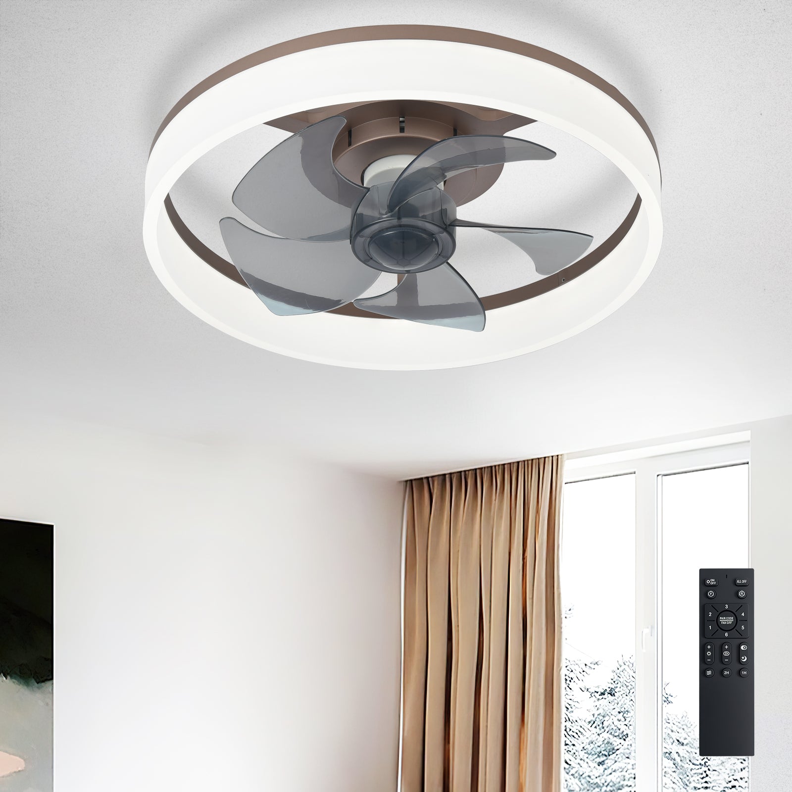 Dovanpaul - 16 Inch Brown Modern Low Profile Flush Mount Ceiling Fan Quiet DC Motor Dimmable Ligh...