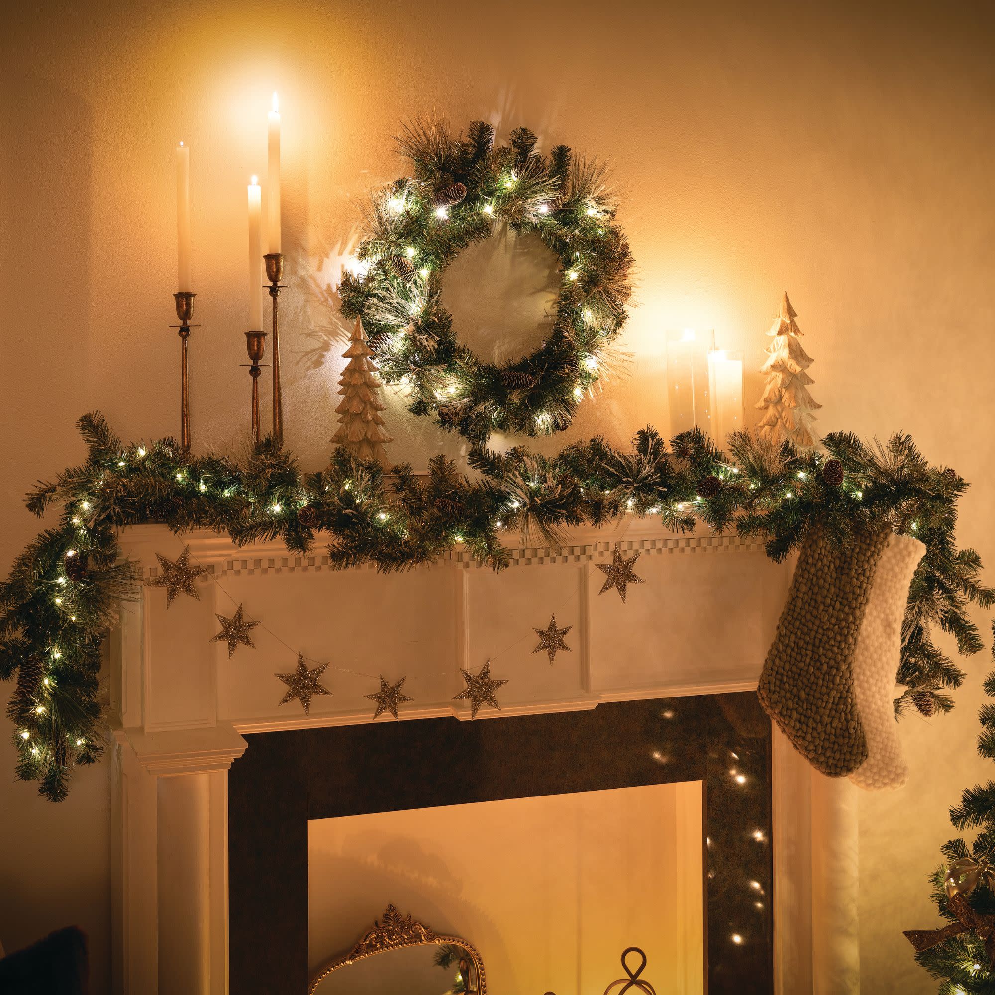 9-Foot Pre-lit Flocked Pine Christmas Garland with Pinecones and Gold Accents