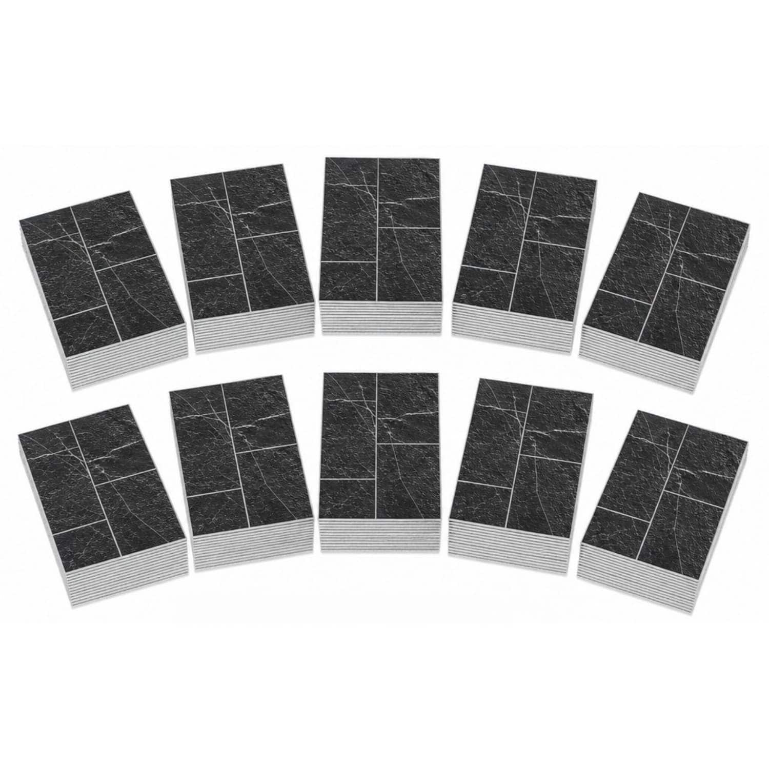 OGETFUUR 100-Piece 2.95in x 5.9in Textured Black Marble with White Grout Peel and Stick PVC Subway Tile