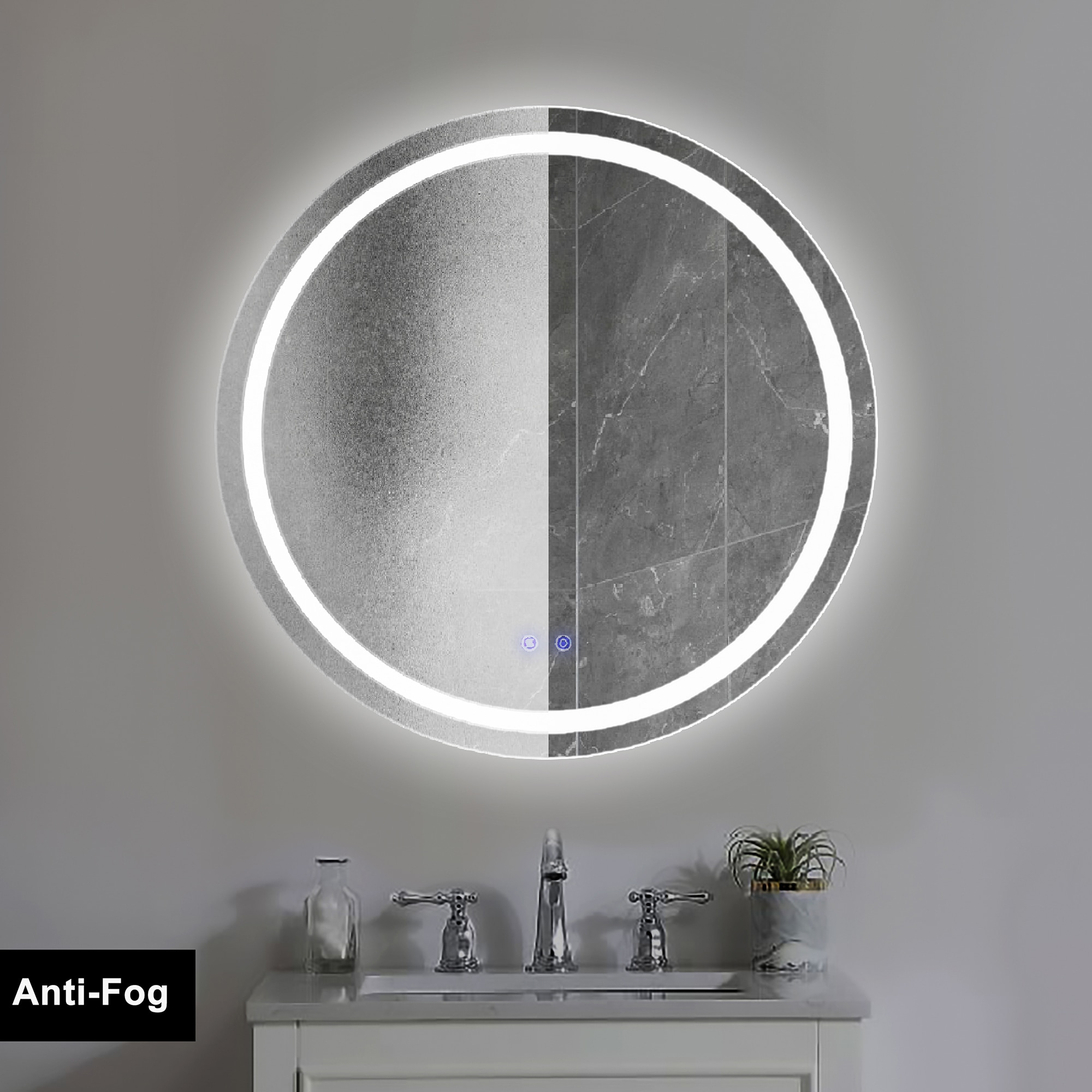 WELLFOR ALMR-41 32-Inches x 32-Inches Beveled Frameless Round Dimmable Lighted Fog Free Bathroom Vanity Mirror ( Silver )
