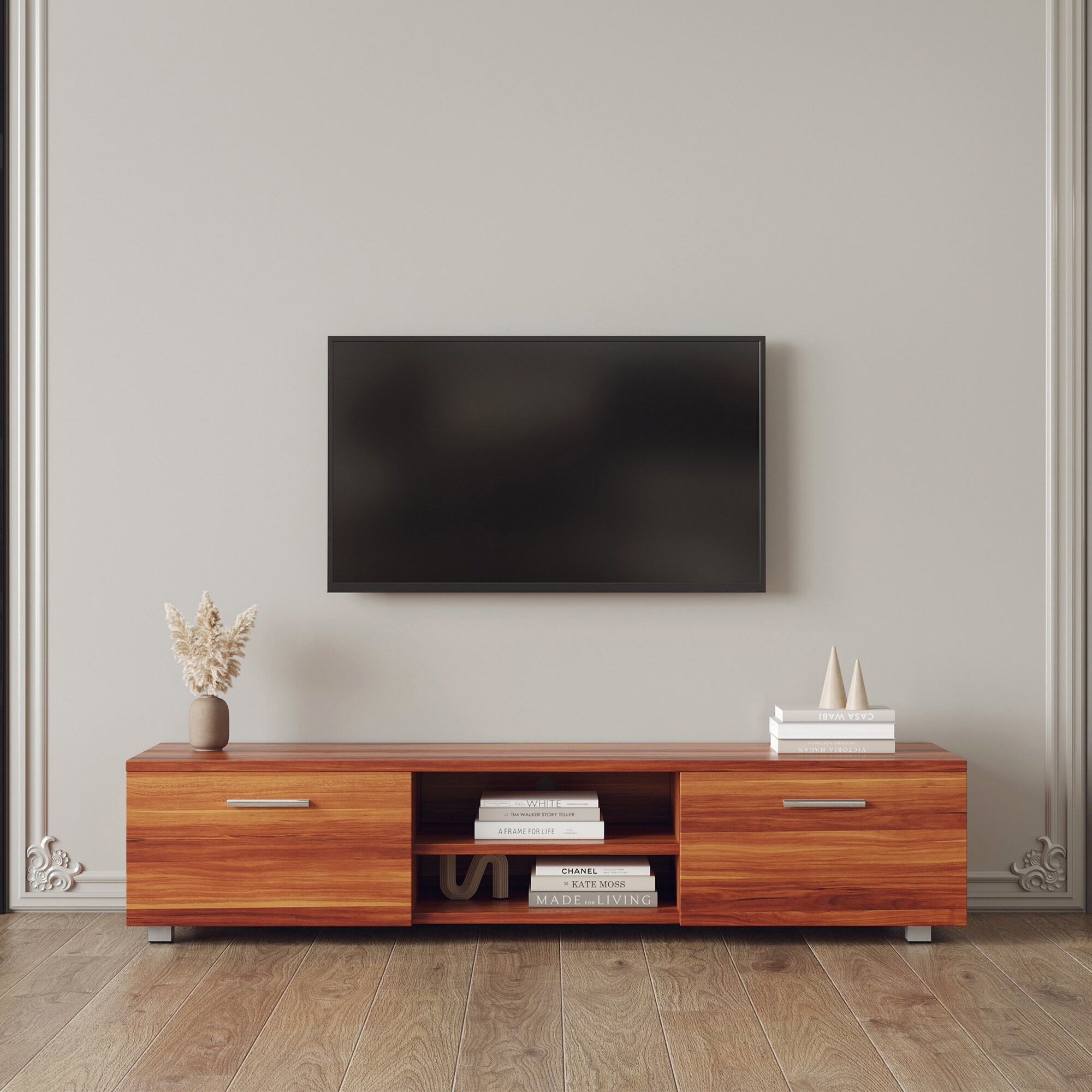 LOVMOR Walnut TV Stand for 70 Inch TV Stands Media Console ...