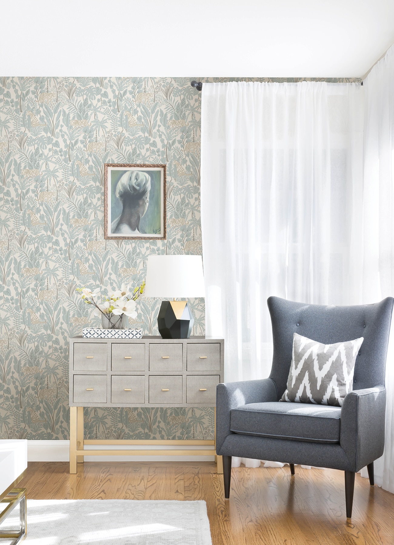 Blue and Taupe Jungle Safari Peel and Stick Wallpaper Roll