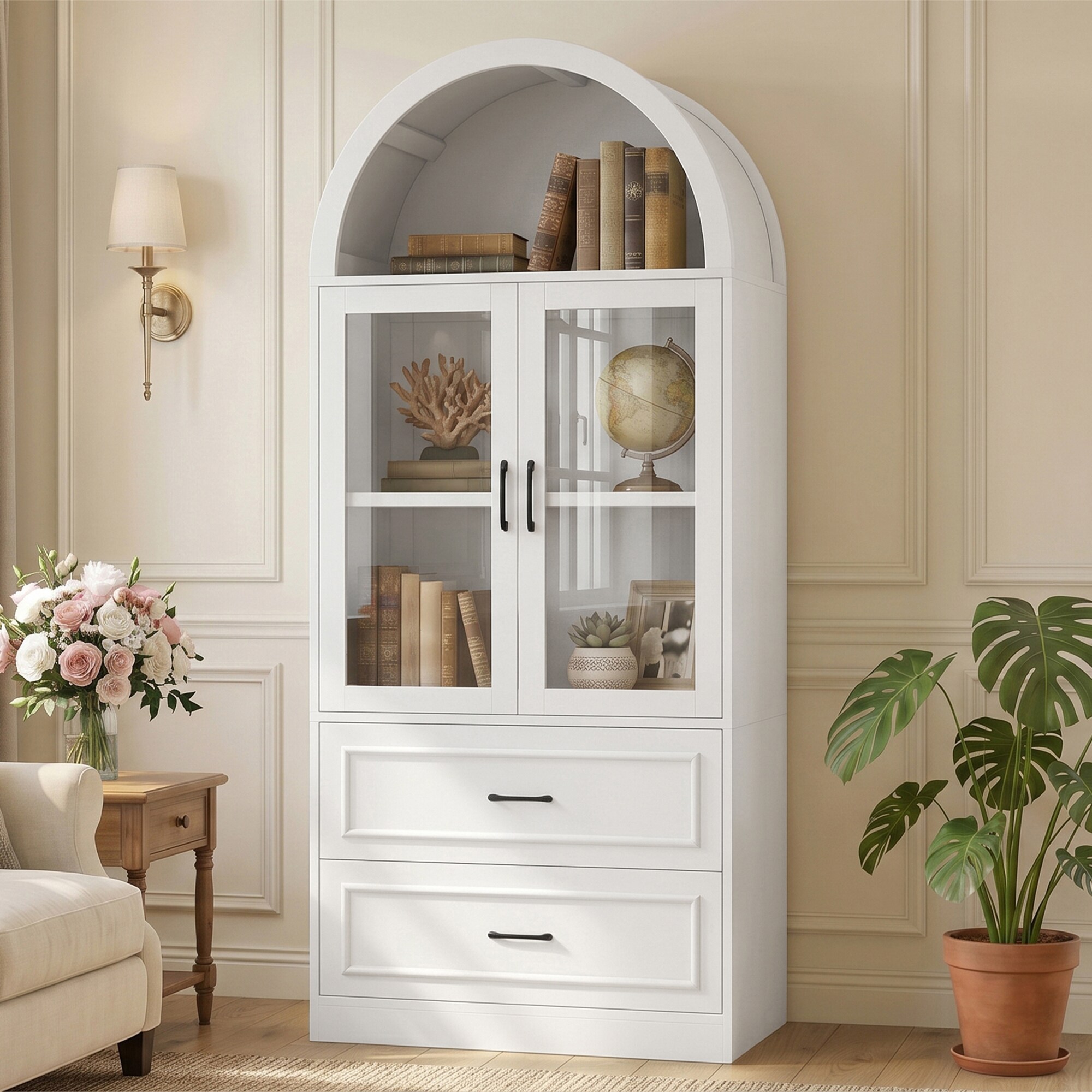 LUXEYARD Video Modern Minimalist Arched Top Storage Cabinet with Tempered Glass Doors Fixed 2 Tier Shelves 2 Large Drawers
