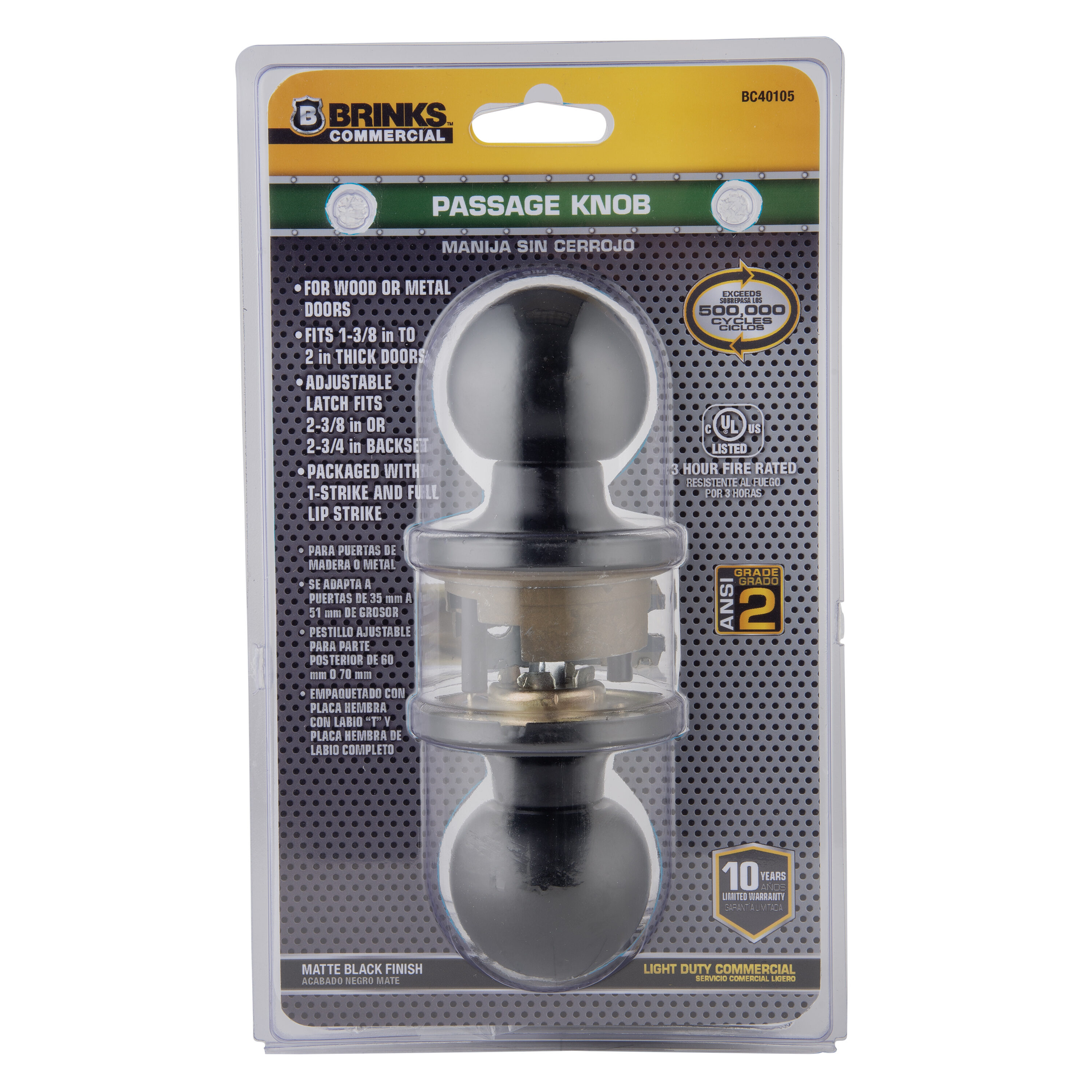 BRINKS COMMERCIAL BC40105 Matte Black Interior Hall/Closet Passage door knob Single pack