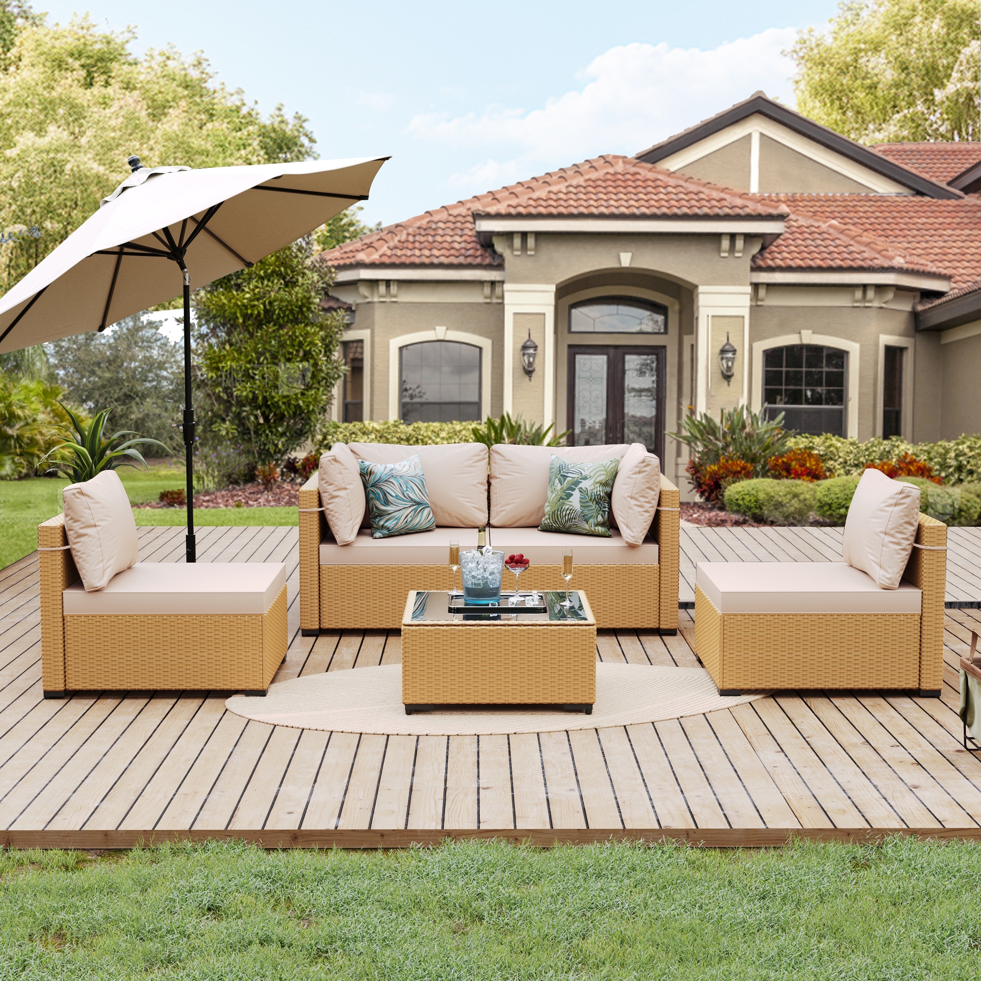 UPHA TBBE-AB-BEIGE 5 -Piece Rattan Patio Sofa Conversation Set with Off-white Cushions