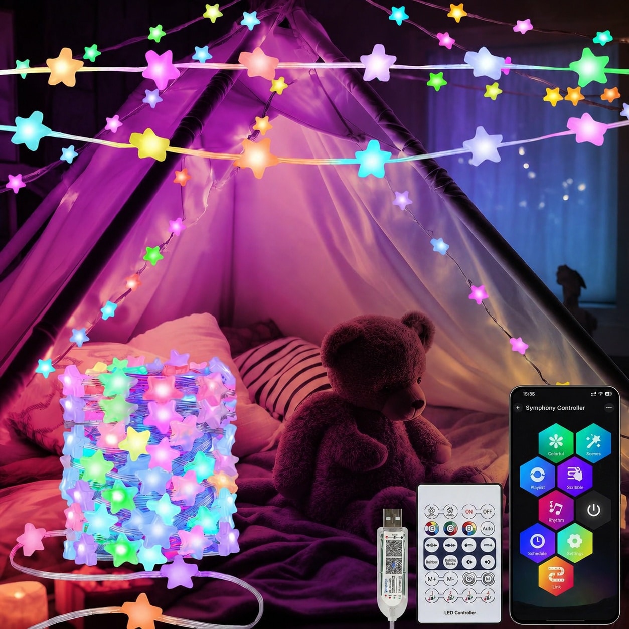 Vrbgify  Smart Star Fairy Lights Plug in 33Ft 16 Million Color Changing String Lights RGB Built in Chip App Remote Control Music Sync Twinkle