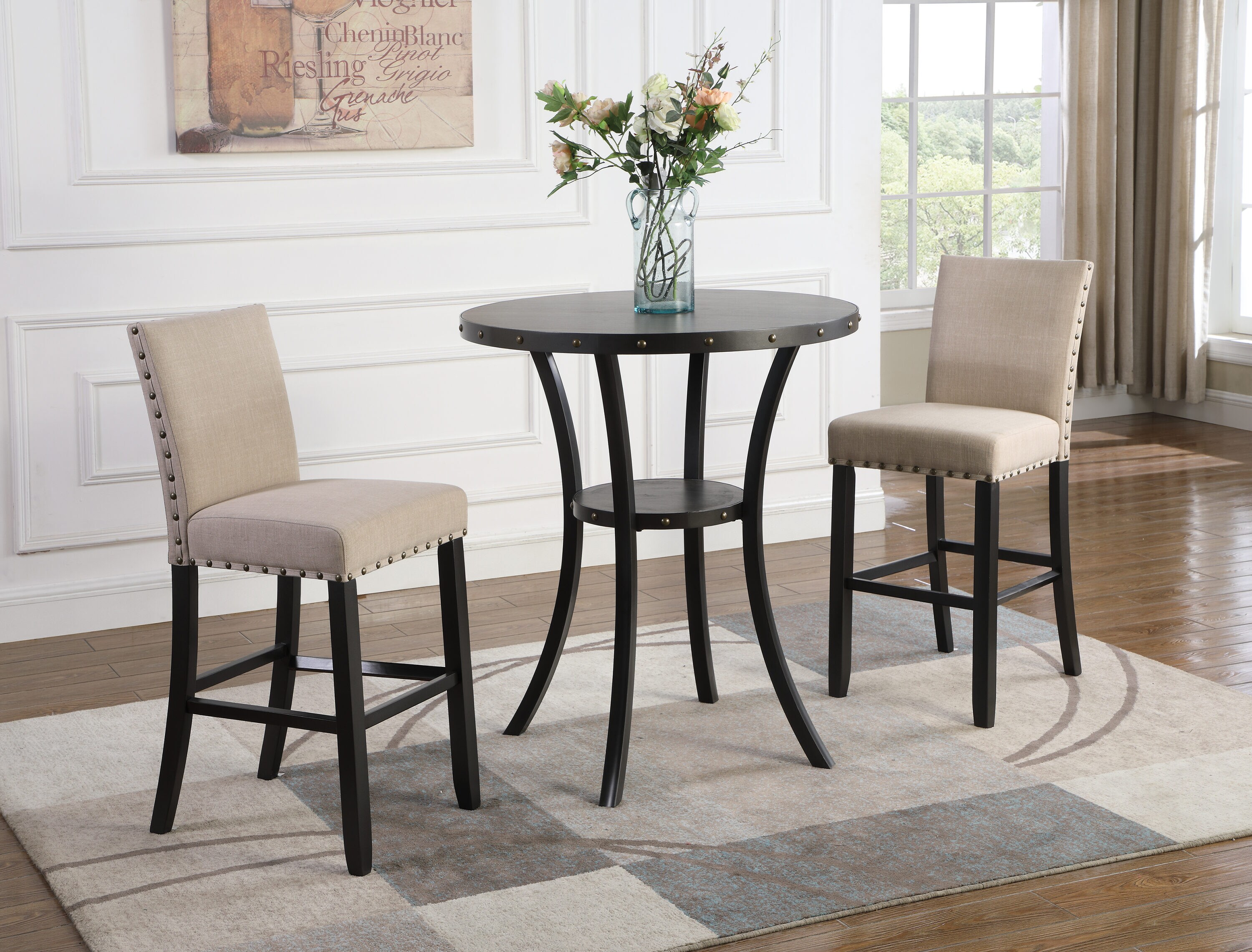 LOVMOR - Biony 3-Piece 36in Round Espresso Finish Bar Table with 2 Tan Fabric Nail Head Pub Chairs