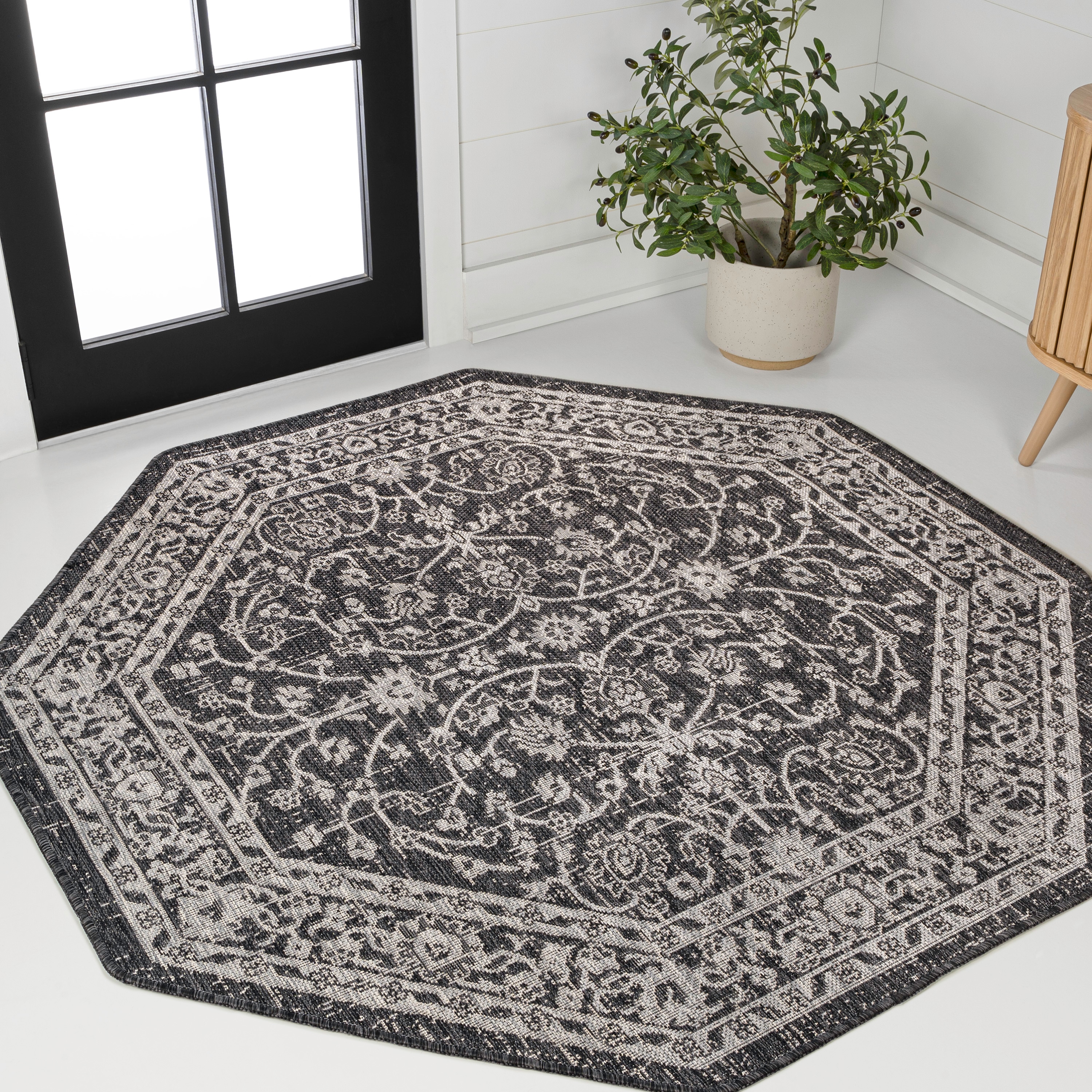 JONATHAN  Y SMB103C-8TGN SANTA MONICA Palazzo Vine and Border Textured Weave 8 x 8 (ft) Loomed Black/Gray Octagonal Indoor/Outdoor Medallion Vintage Pet Friendly Area rug
