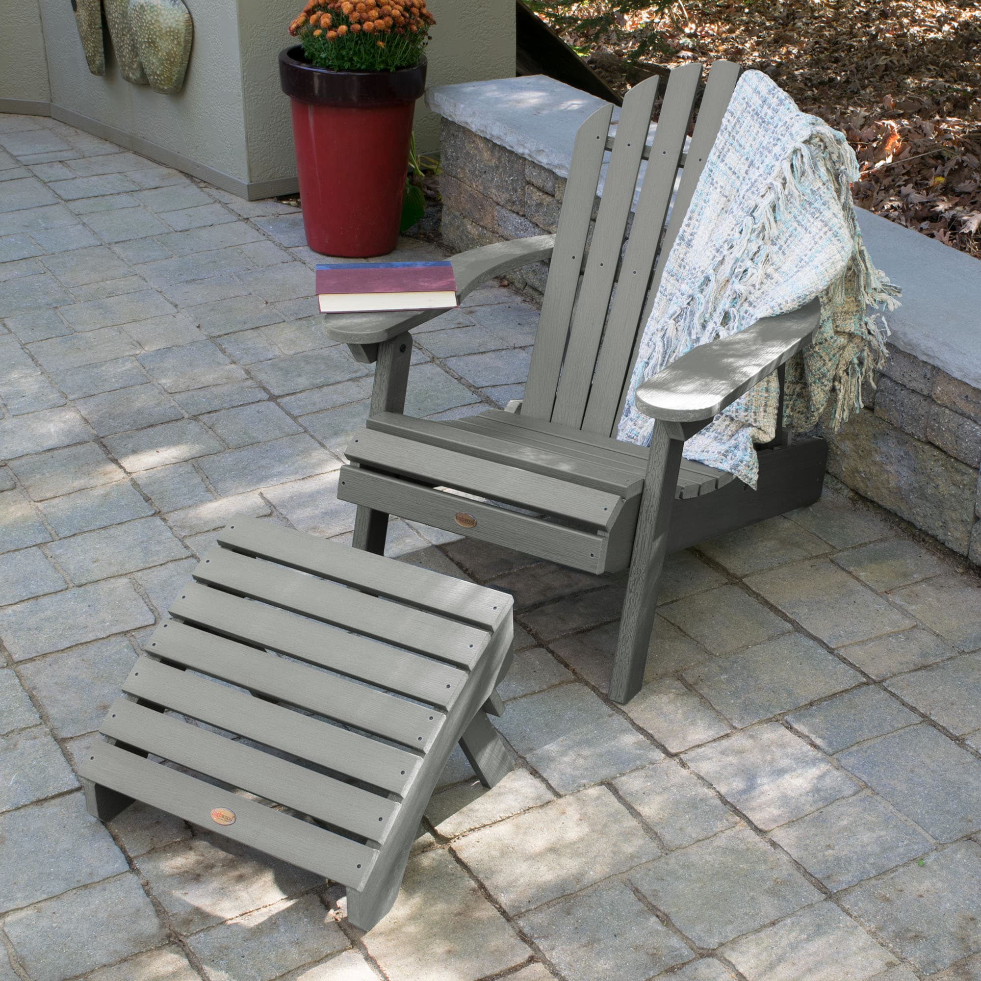 Gray Poly Lumber Folding Adirondack Chair with Ottoman